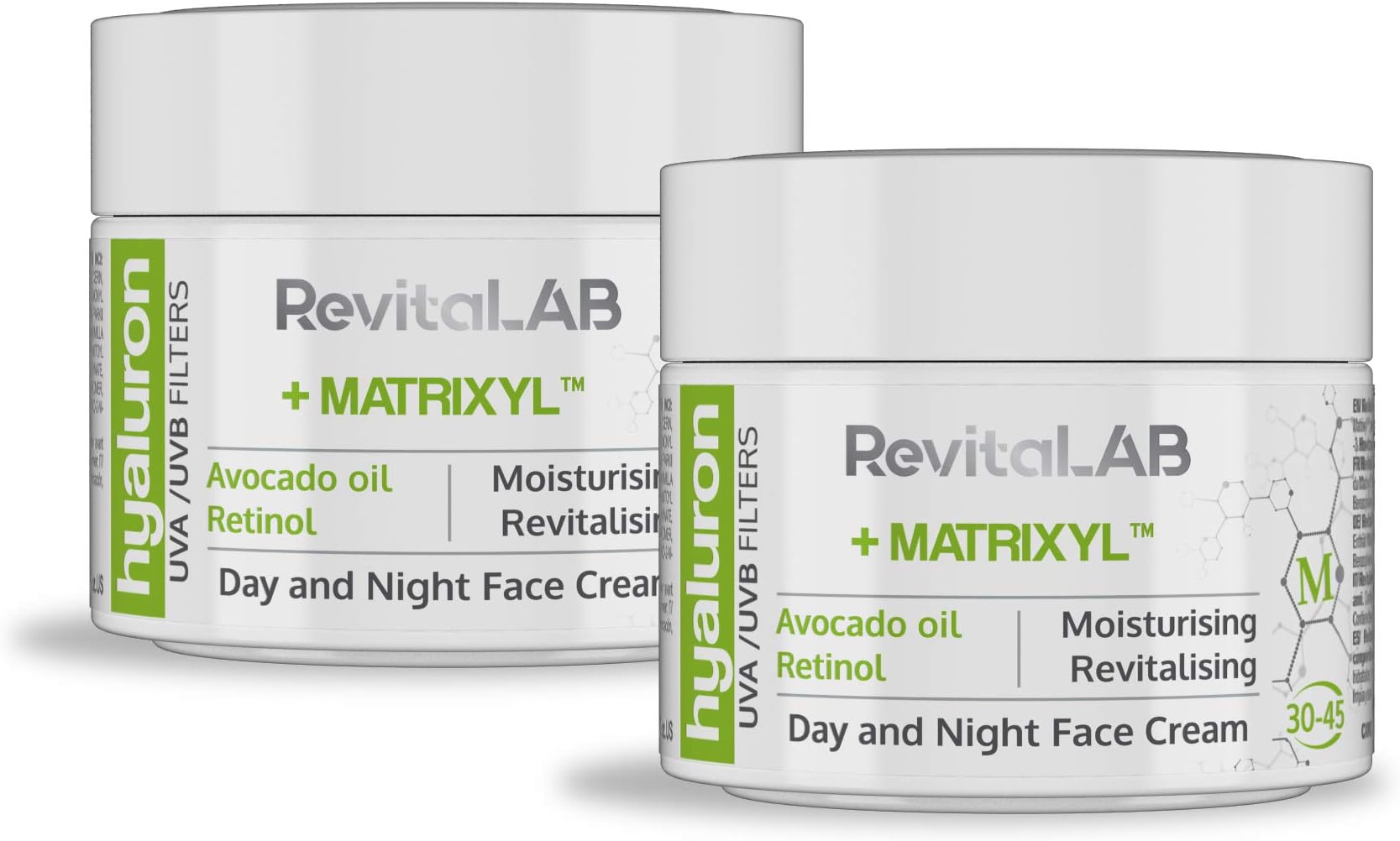 Hyaluron Anti-Ageing Day and Night Cream, Enriched with Avocado Oil, Matrixyl, Retinol and UV Filters, for Ages 30 – 45, 2x 50 ml (Multipack)