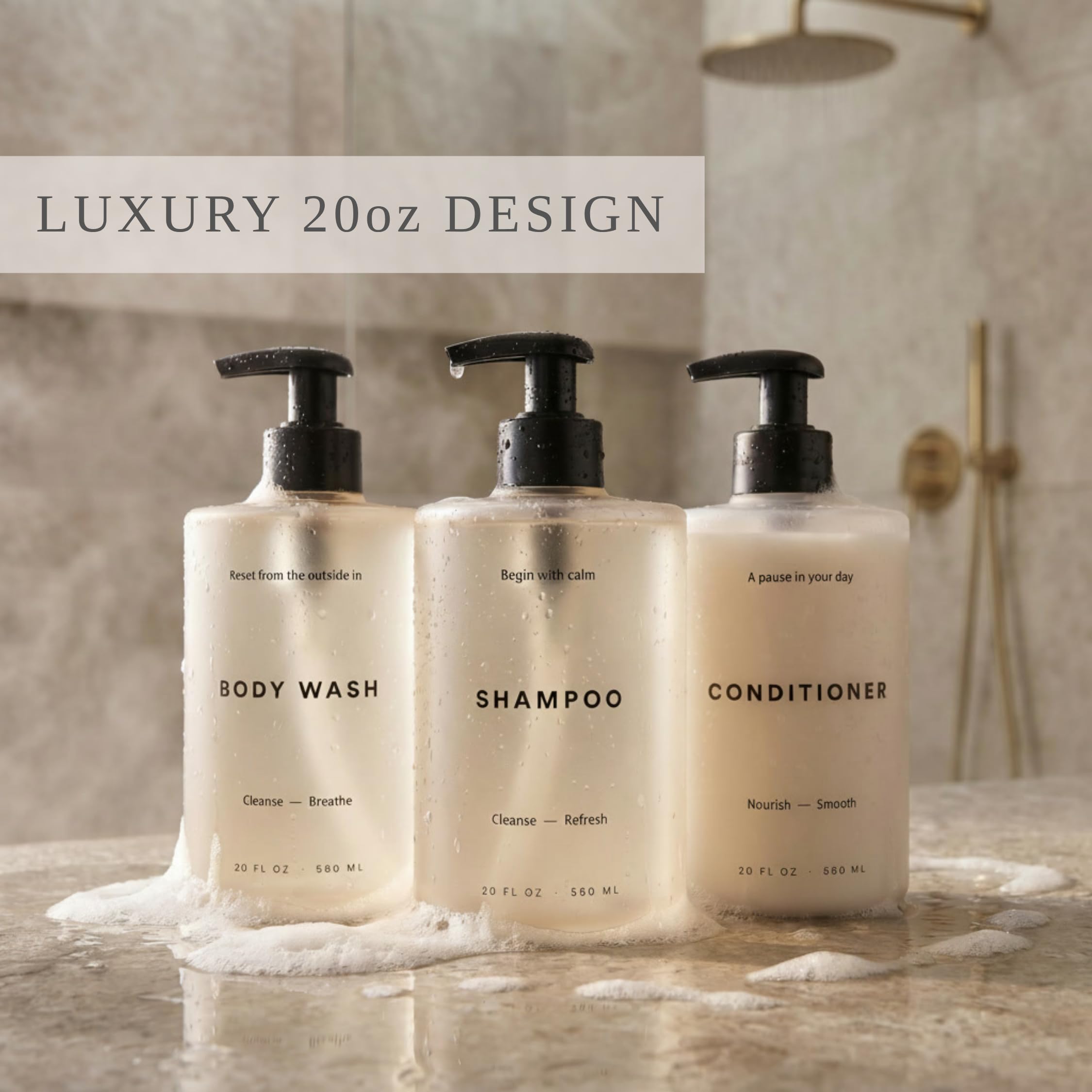Elegante dispenser per shampoo e balsamo, set da 3 – Moderne bottiglie di sapone da doccia da 590 ml con pompa ed etichette, dispenser per bagnoschiuma facile da riempire per un aggiornamento