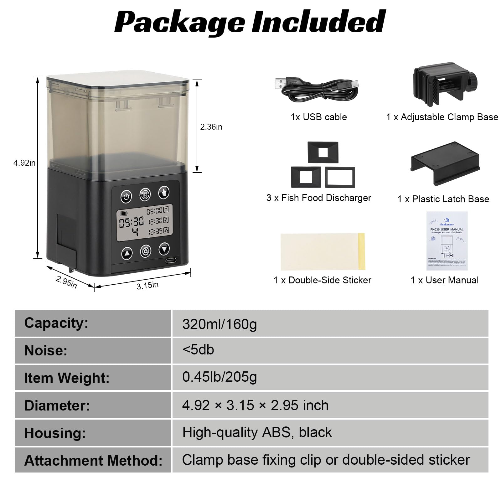 Distributeur automatique de poissons pour aquarium Écran LCD 320 ml