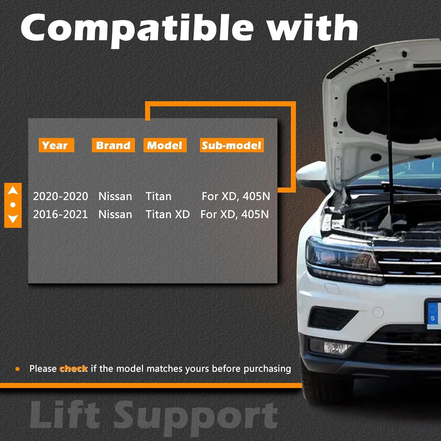 13.41 in 2Pcs Hood Lift Support Struts Gas Spring Shocks Rod Compatible with Nissan Titan 2020-2020/2016-2021 Titan XD Replaces # 65470-EZ00A (Note : for XD, 405N)