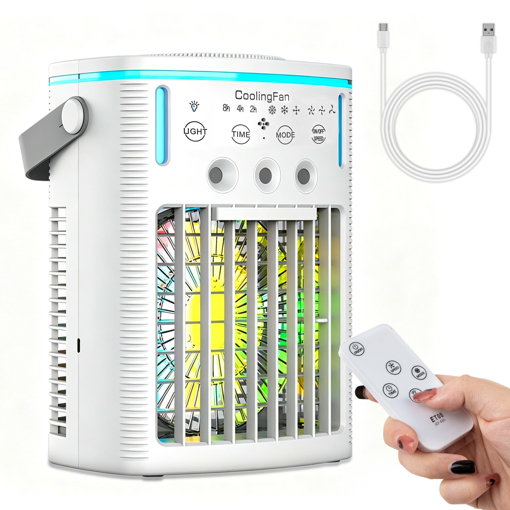 Portable Air Cooler,Mini Mobile Air Conditioner, 3 Speeds&3 Mist Modes, 2-8H Timer, RGB 7 LED Light, 1000ml Water Tank, USB Powered Remote Control,Cooling Fan for Bedroom Office Home Travel