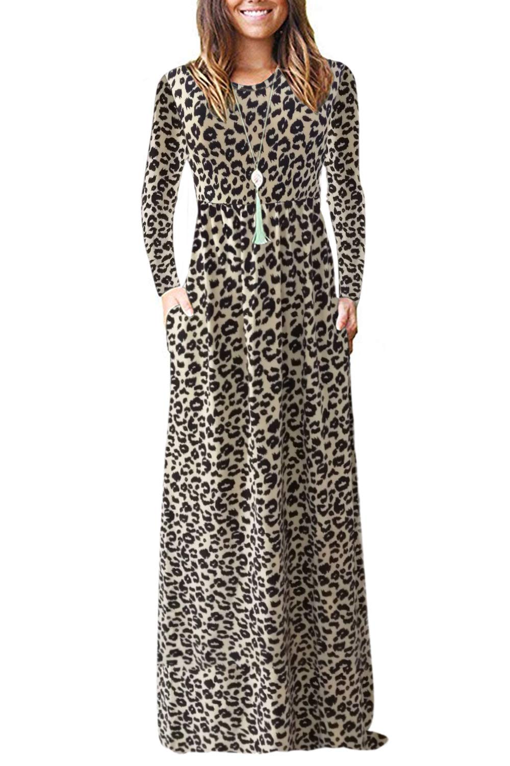 AUSELILY Women's Casual Long Sleeve Maxi Dress Loose Long Dresses with Pockets Leopard M
