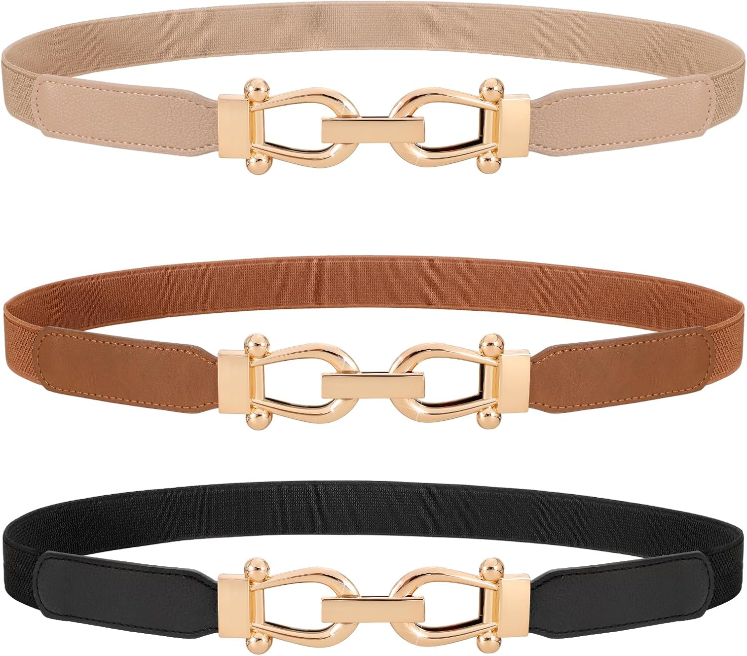 WERFORU 3 Pack Women Skinny Elastic Waist Belt Gold Buckle Stretchy Thin Belt for Jeans Dress