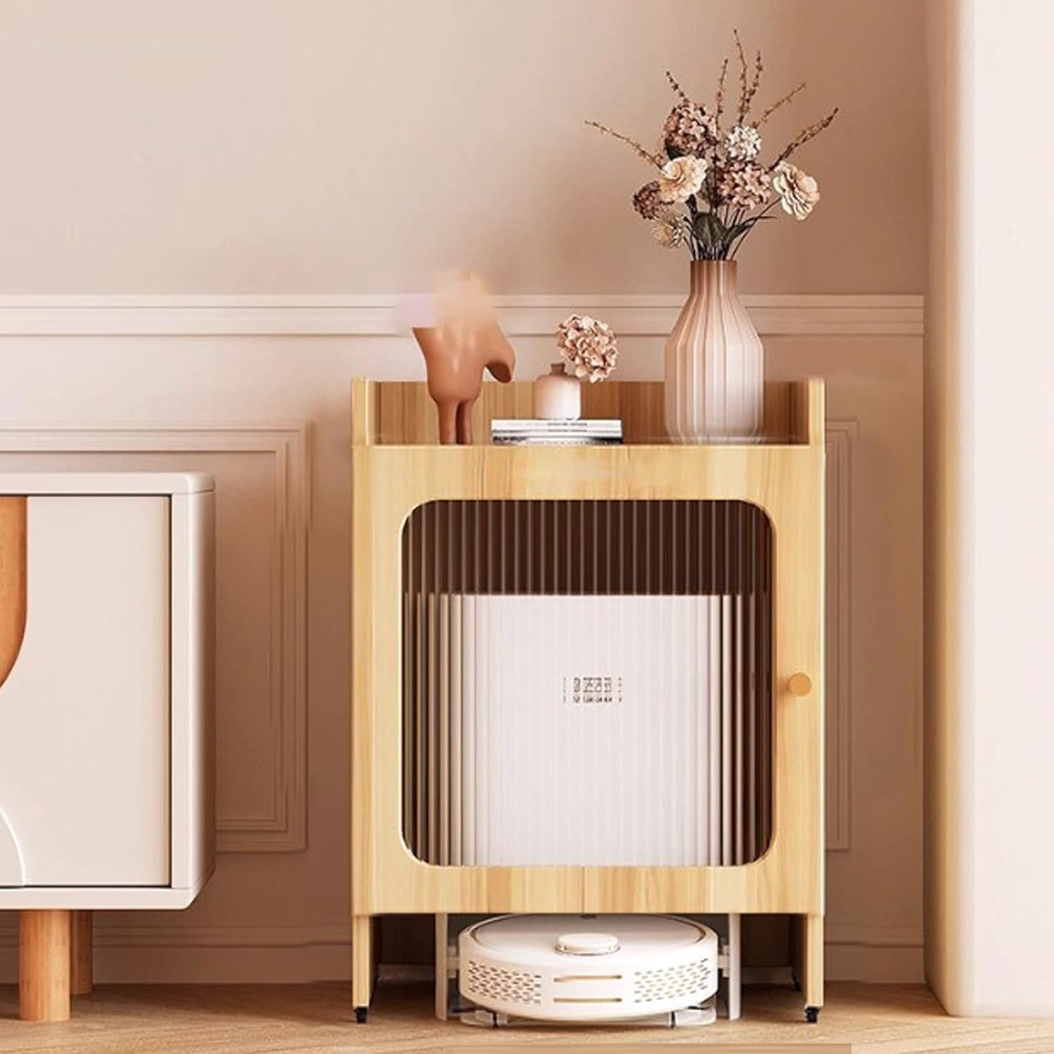 Wood Storage Organizer Stand for Robot Vacuum, Sweeping Robot Rack with Doors & Drawers, Home Storage Solution, Durable & Stylish Organizer for Efficient Cleaning