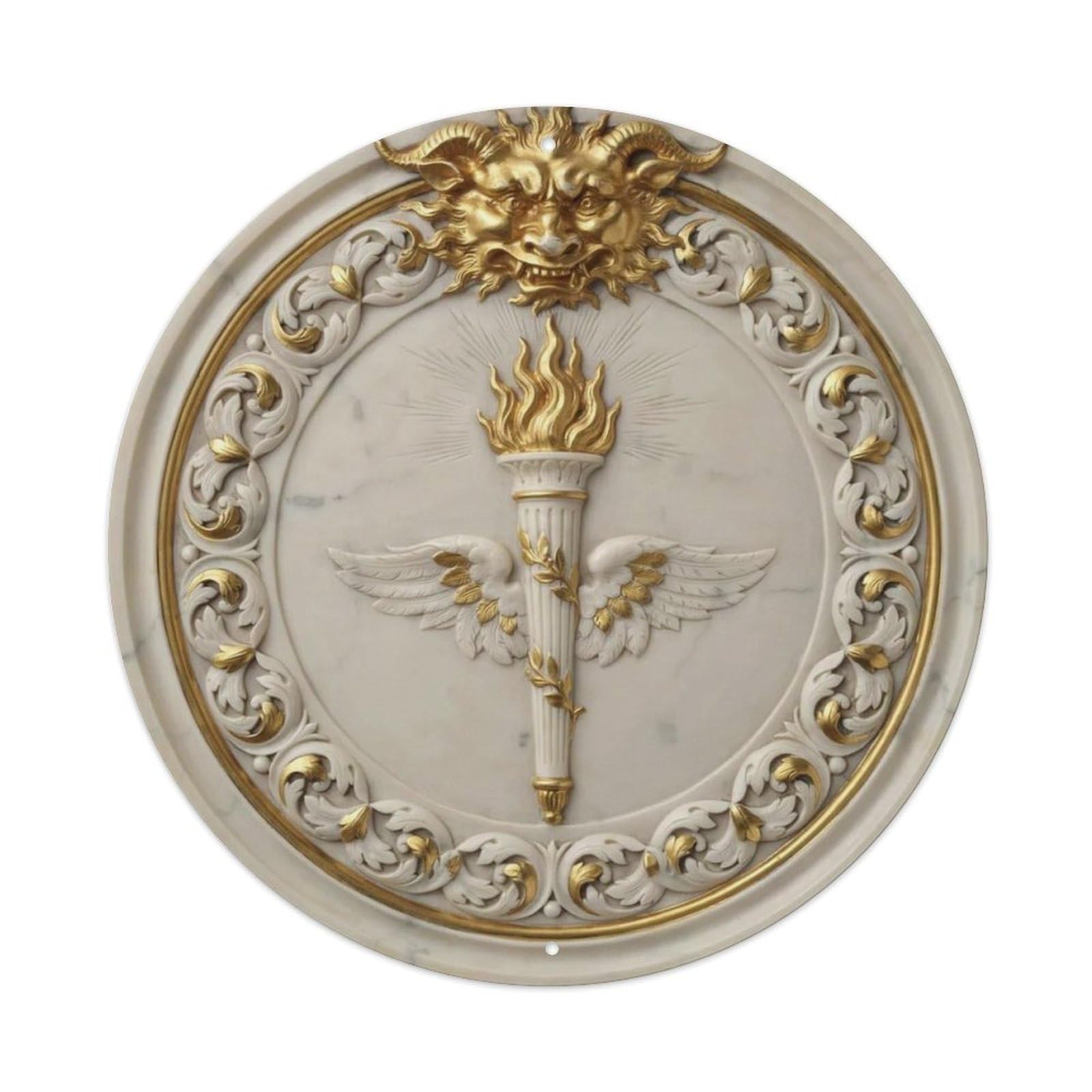Greek Dragon Head 3D Marble Gold Torch Round Metal Tin Sign Plaque