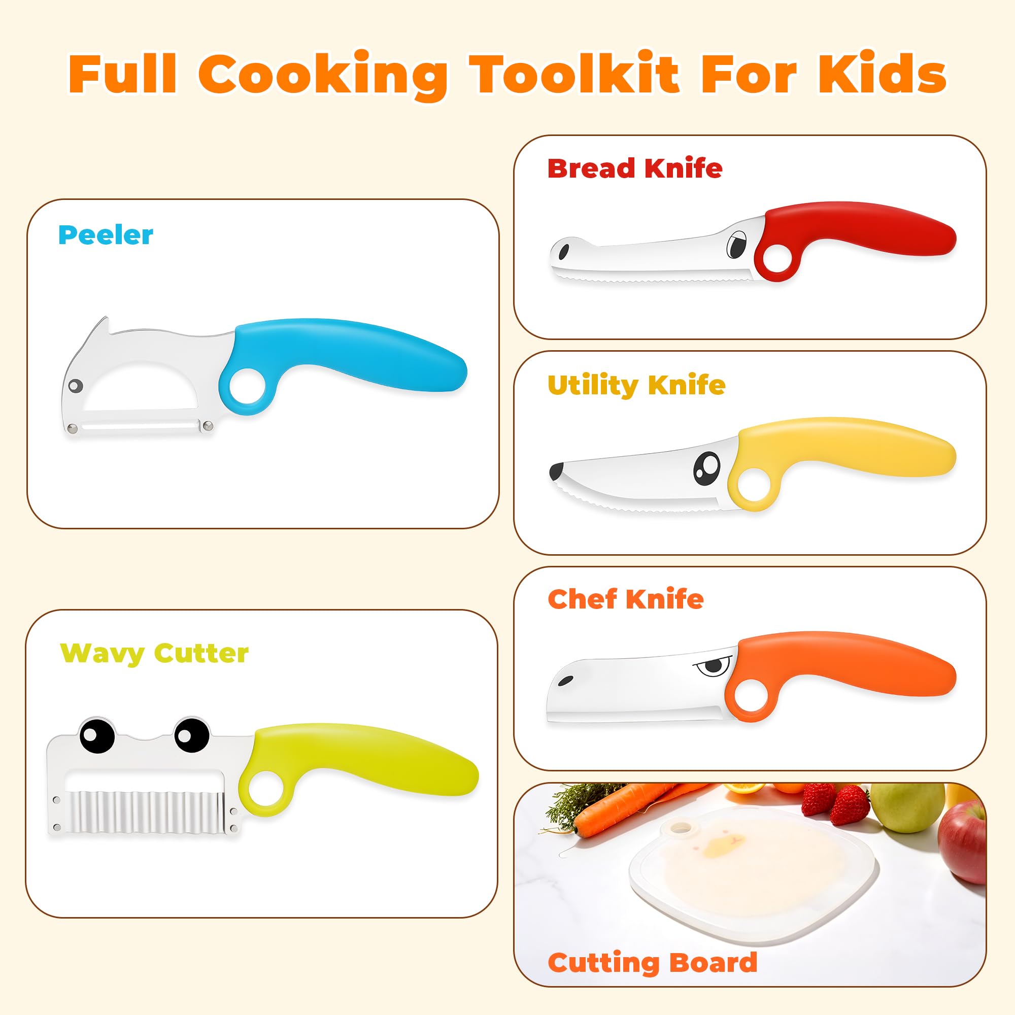 Kinder Küchenmesser-Set mit Lernring, 7-teiliges Tier-Kochwerkzeug-Set, sichere Edelstahlmesser, Fingerschutz & Schneidebrett, Montessori Kochset für Kinder