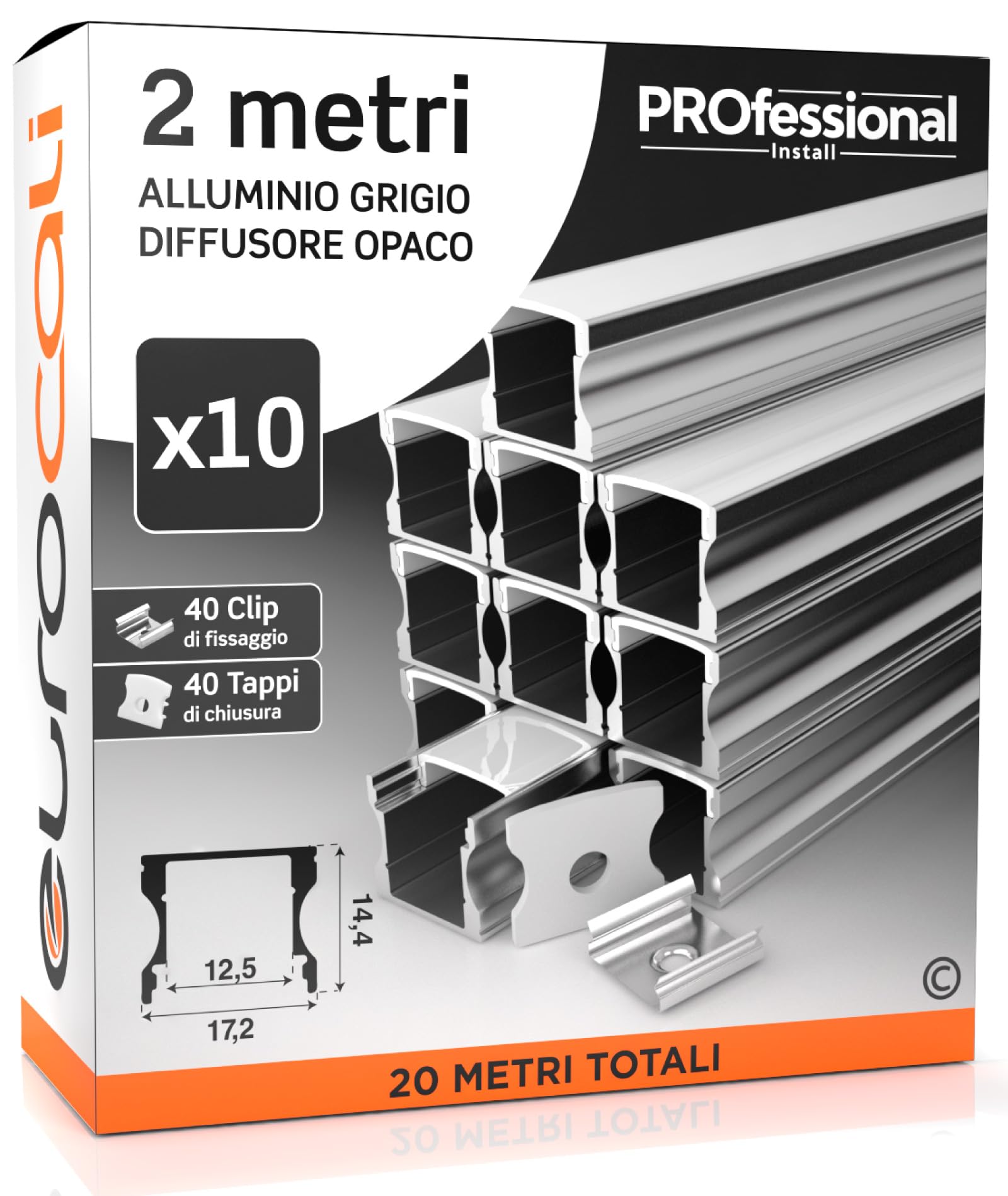 Eurocali 10x Profili da 2 metri (20mt) in Alluminio grigio per Strisce LED Copertura Opaca larghezza max striscia led 12.5mm - 17.2 x 14.4