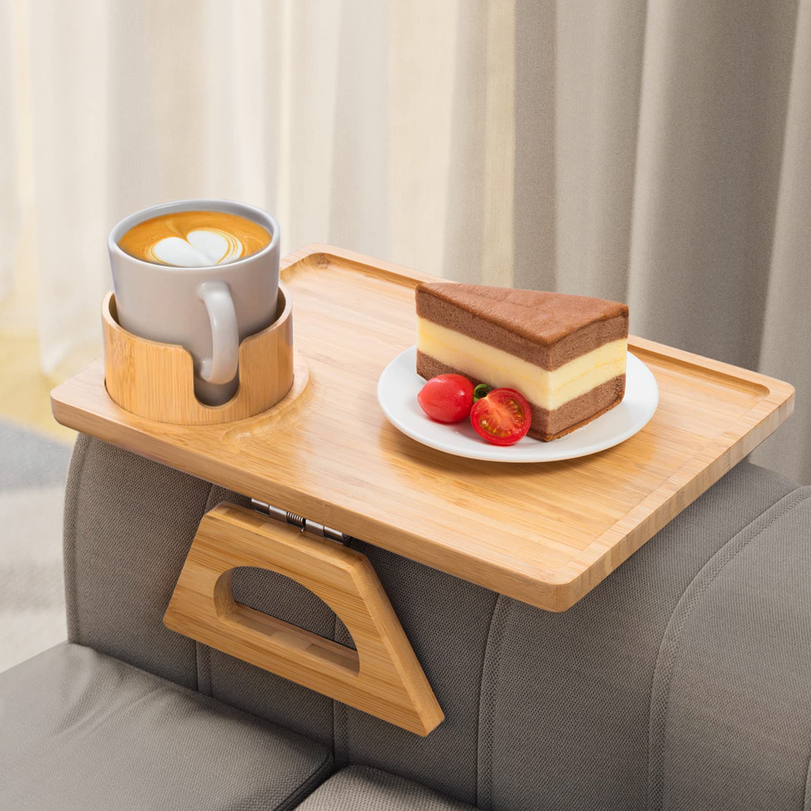 Couch Arm Table Tray, Bamboo Sofa Armrest Clip on Tray with Removable Couch Cup Holder, Portable Recliner Arm Rest Organizer for Eating, Drinks, Snacks, Remote, Phone, No Installation