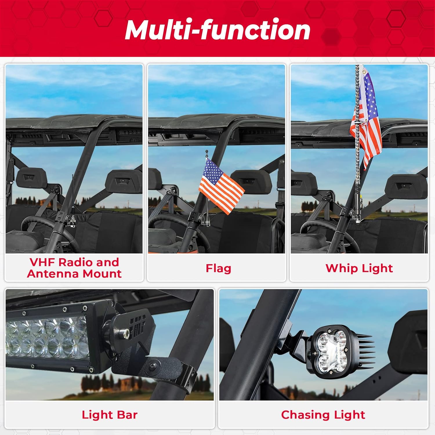 KEMIMOTO UTV Flag Whip Light Mount Adjustable Whip Mounting Bracket Compatible with Polaris Ranger General Can am Defender Commander 2021+ Maverick Trail Sport, Work for Pro fit Cage Only, Black