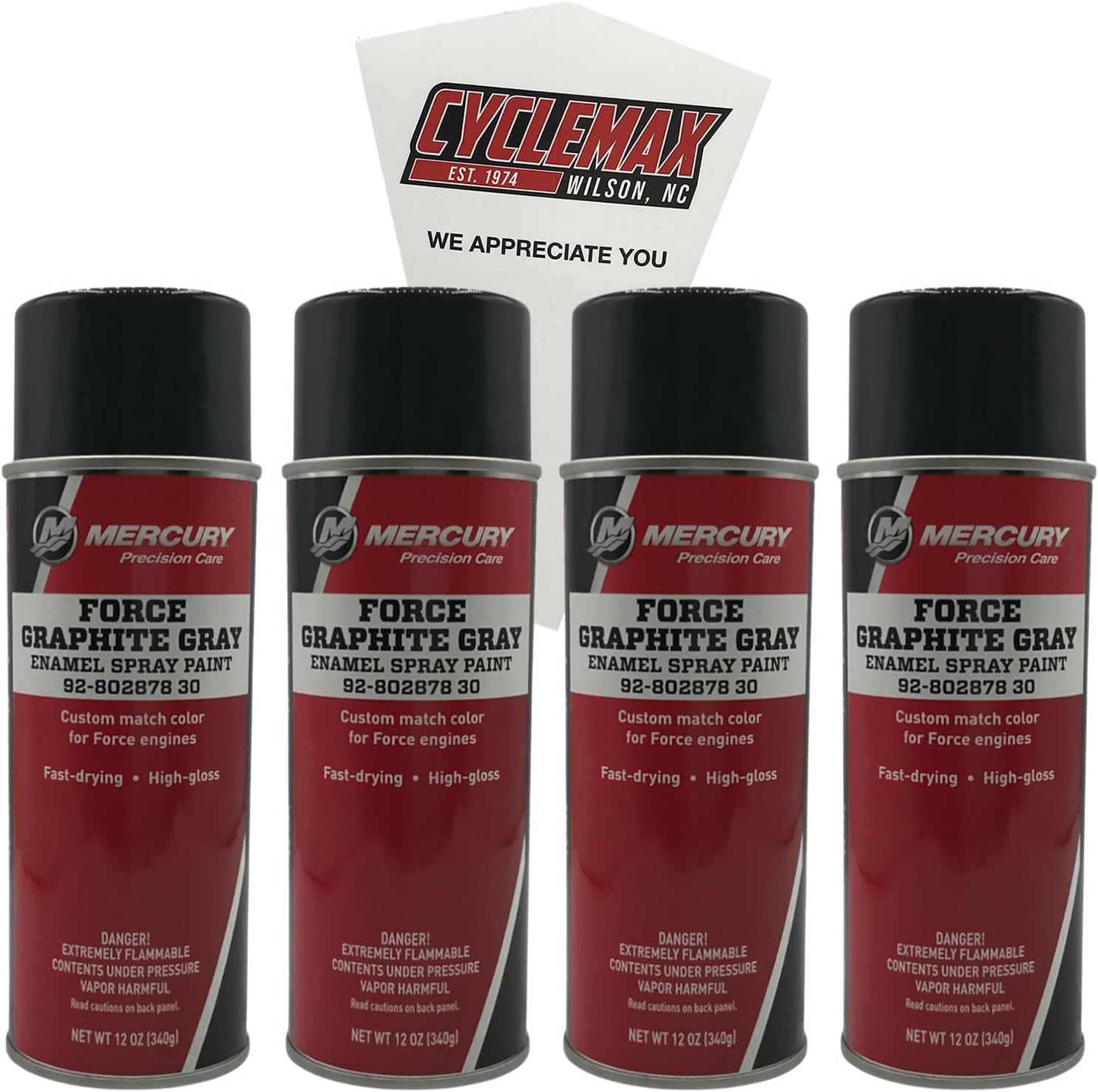 Four Pack compatible with Mercury Graphite Grey Spray Paint 12 OZ 92-80287830 Contains Four Graphite Grey Spray Paint 12 OZ and a Funnel