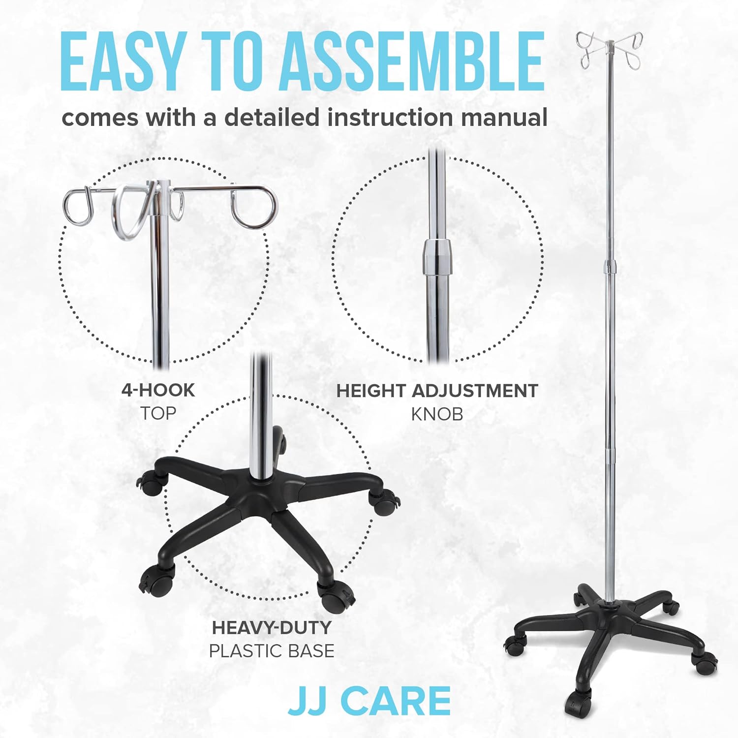 JJ CARE IV Pole with Wheels [Upgraded] 4 Hooks, 5 Caster Wheels with Lock Function, and Adjustable Height - Heavy Duty Plastic Base IV Stand Pole, IV Bag Holder, Infusion Stand - Chrome