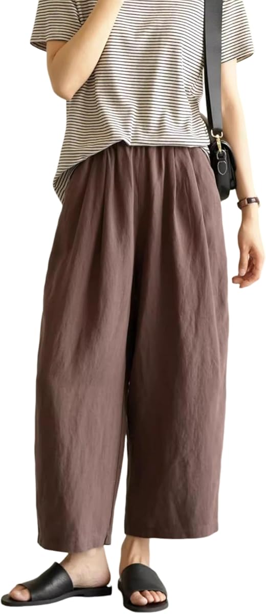 Yeokou Womens Linen Pants Summer Casual Capris Cropped Wide Leg Beach Trousers with Pockets(Brown-M) at Amazon Women’s Clothing store