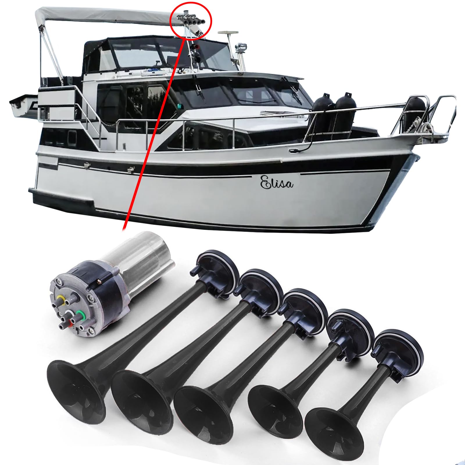 5 Klang Bootsfanfare La Cucaracha Hupe mit Kompressor Schwarz 118dB 12 Volt