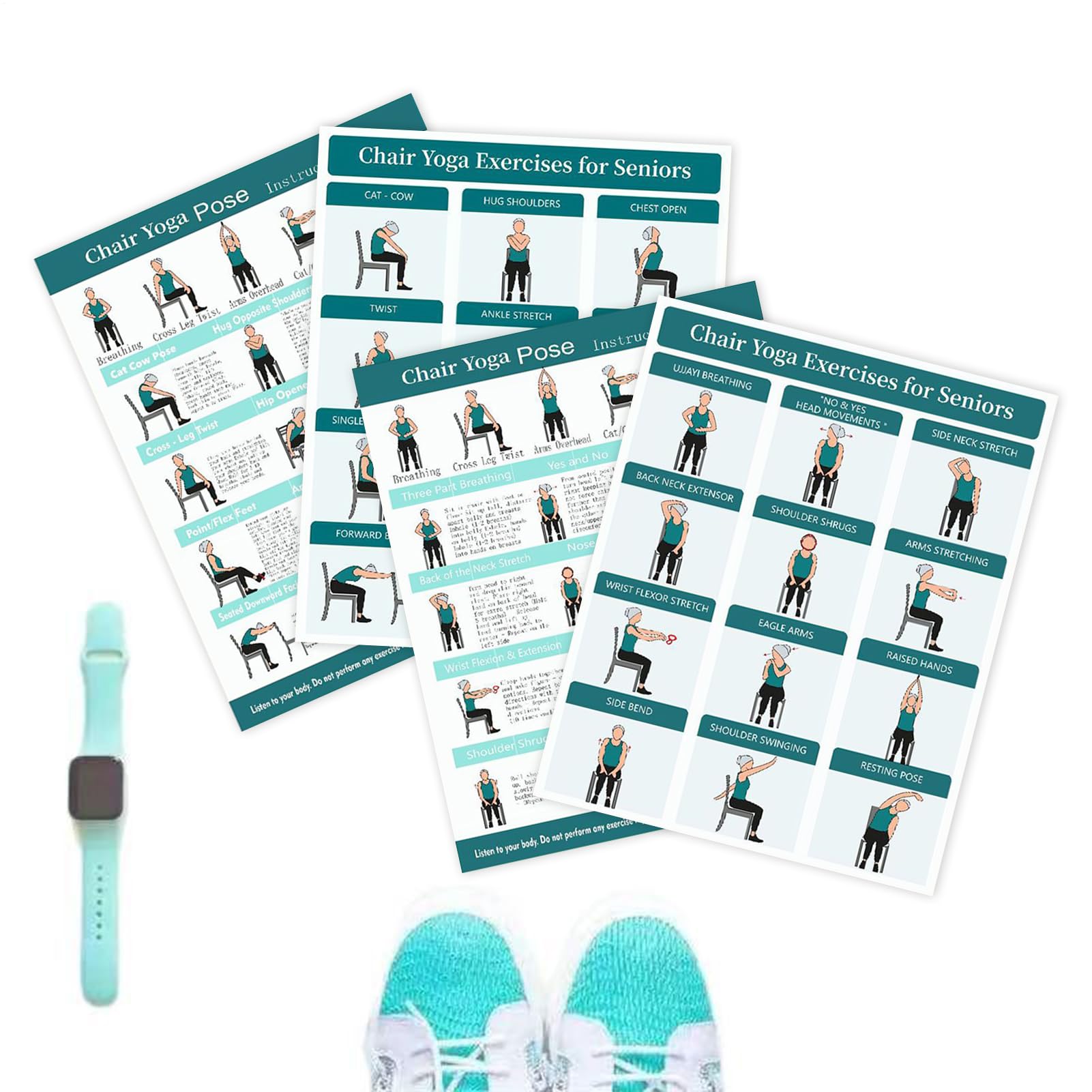 Stuhl Yoga Poster, Stretching Pose Karten, Fitness Wandkunst mit 4 Stück, Übungsanleitung Display mit visuellen Anweisungen, Home Gym Dekor, für Anfänger, Frauen, Männer, Fitness, Flexibilität