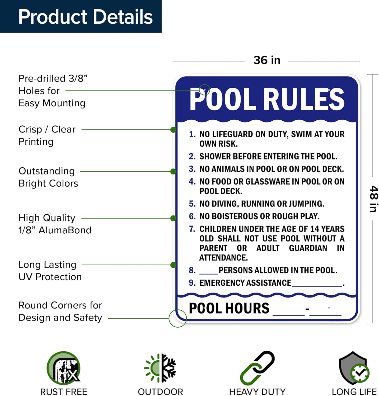 Pool Rules Sign, 36x48 Inches, Rust Free DiBound, Fade Resistant, Made in USA by My Sign Center
