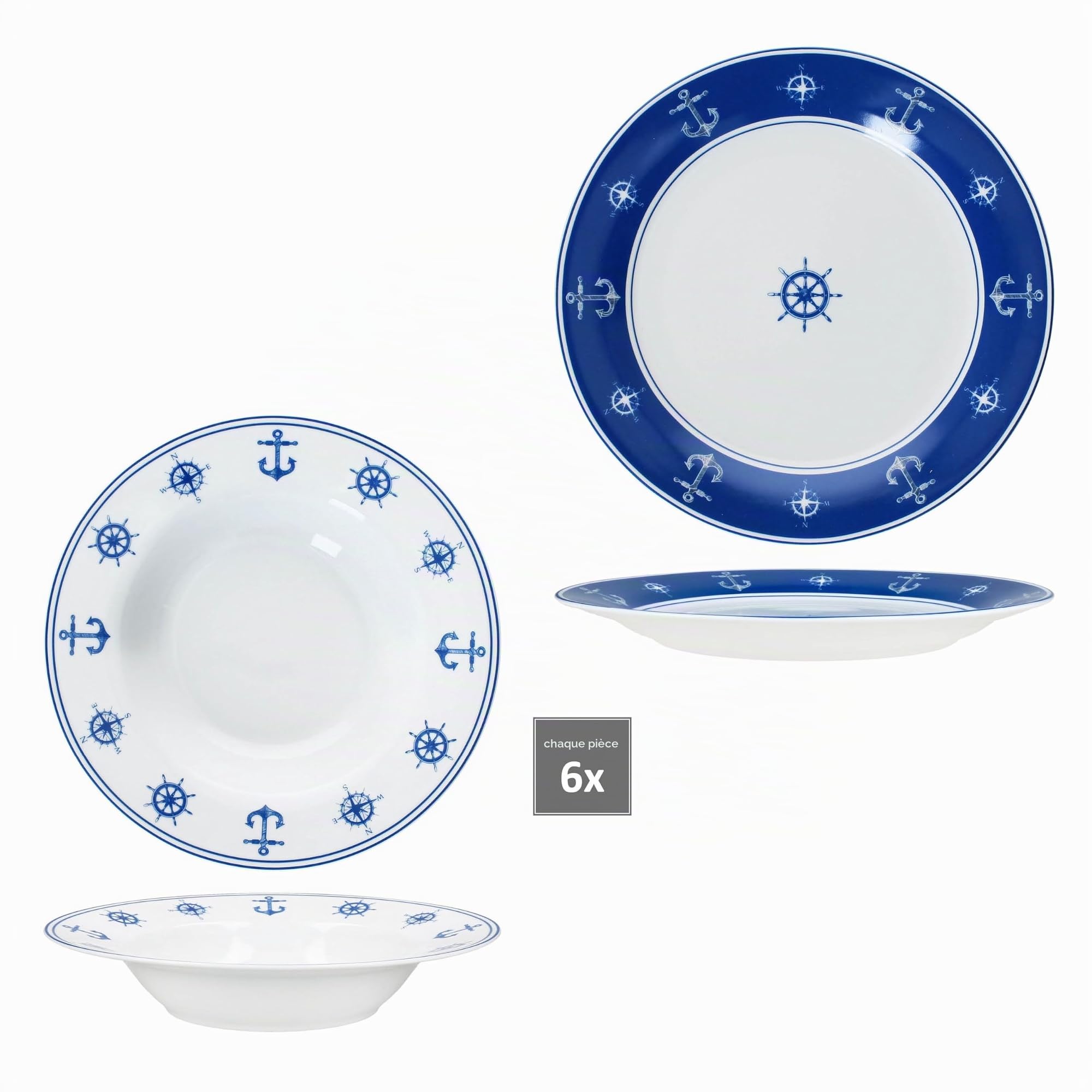 MamboCat AHOI Service de table 12 pièces I Vaisselle en porcelaine bleue et blanche avec motifs nautiques Ancre & Co pour 6 personnes I 6 assiettes creuses & 6 assiettes plates pour petit-déjeuner