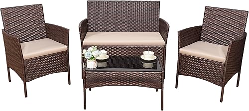 Devoko - Juego de 4 muebles de patio para porche (mimbre, mimbre, polietileno), color beige