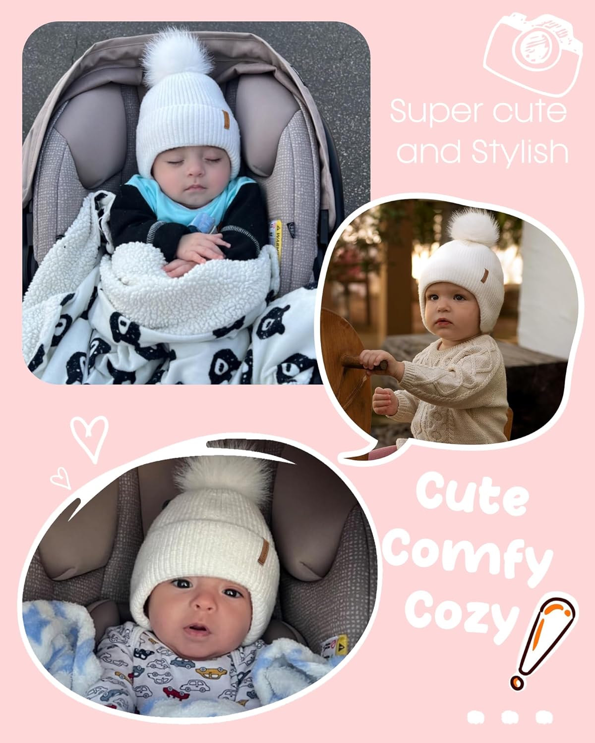 Camptrace Toddler Baby Winter Hat Warm Fleece Lined Knit Kids Hat with Earflap Infant Newborn Pom Beanie Knit Cap Girls Boys - Image 4