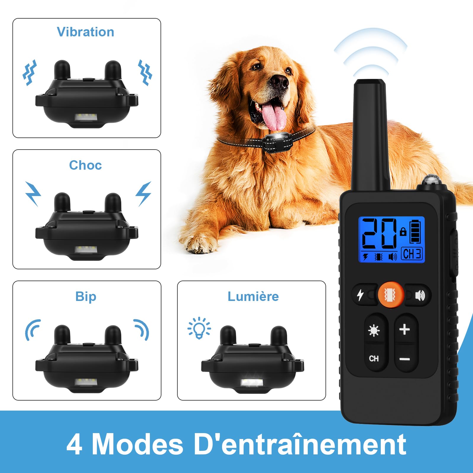 Collier de Dressage pour Chiens, Collier Électrique Chien avec, 4 Mode de Formation Bip Vibration Choc, Portée de 800m avec Verrouillage de Sécurité pour Petit Grand Chien (Noir)