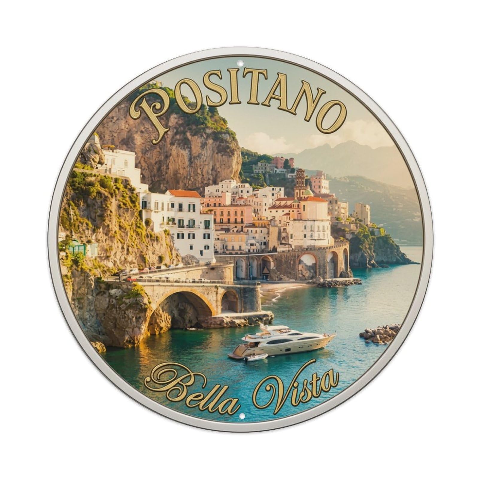 Vintage Travel Positano Italy Cliffside 1 Metal Tin Sign Plaque Wall Decor for Cafe, Club, Garden Round Metal Poster 8x8Inch