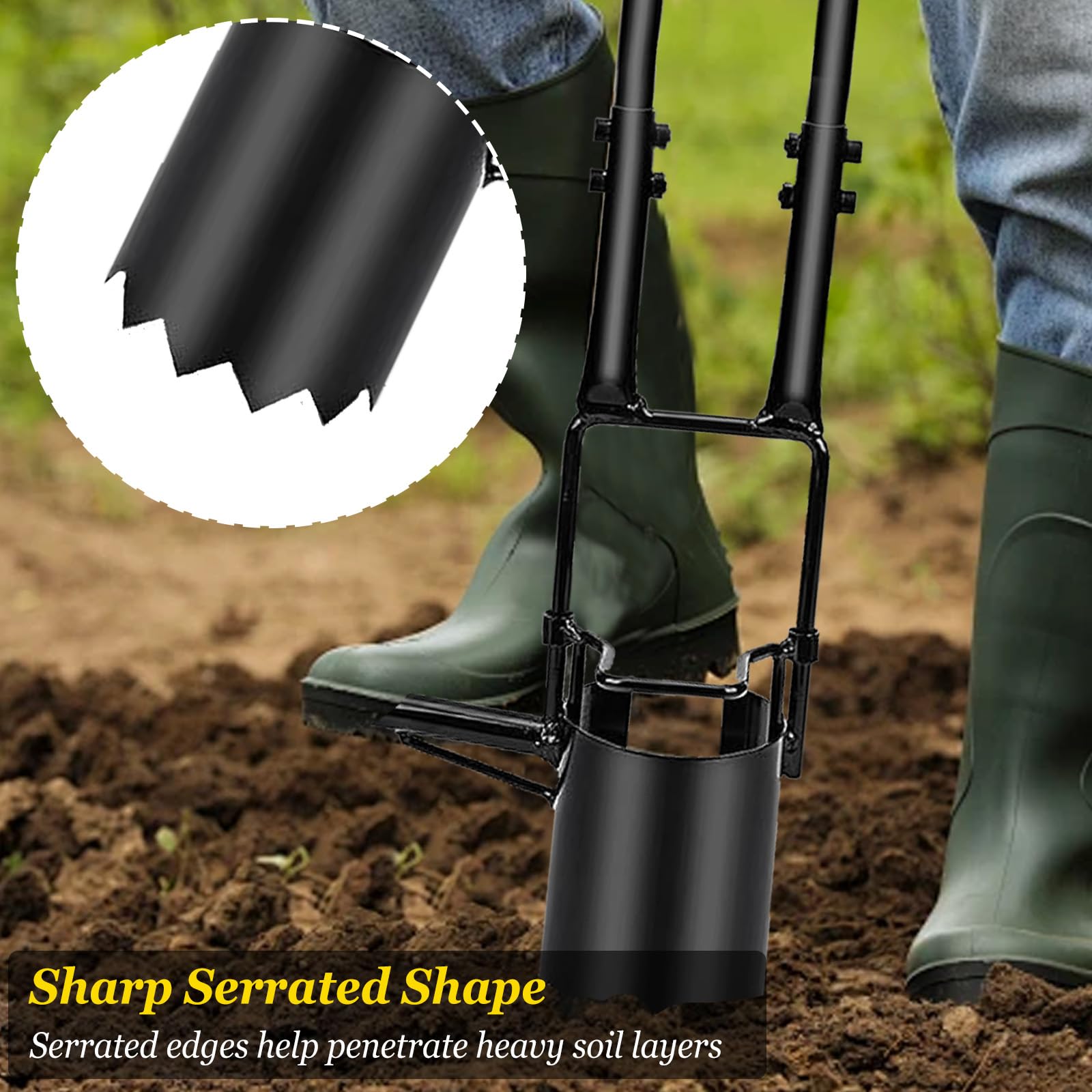 Blumenzwiebel-Pflanzwerkzeug, Zwiebelpflanzer mit Trittauflage & Sägezahnkante, Tiefe Einpflanzhilfe, Robuster Sodenstopfer für Tulpen, Iris, Narzissenlanger Griff, Gezackter Boden