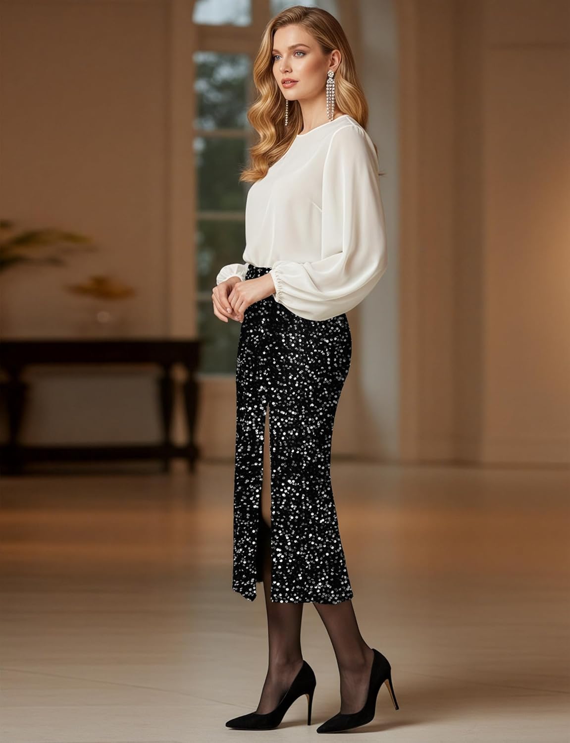 AURUZA Women's Sequin Midi Skirts Side Slit Sparkle High Waist Stretchy Elastic Glitter for Women Skirt Night Out Party - Image 7