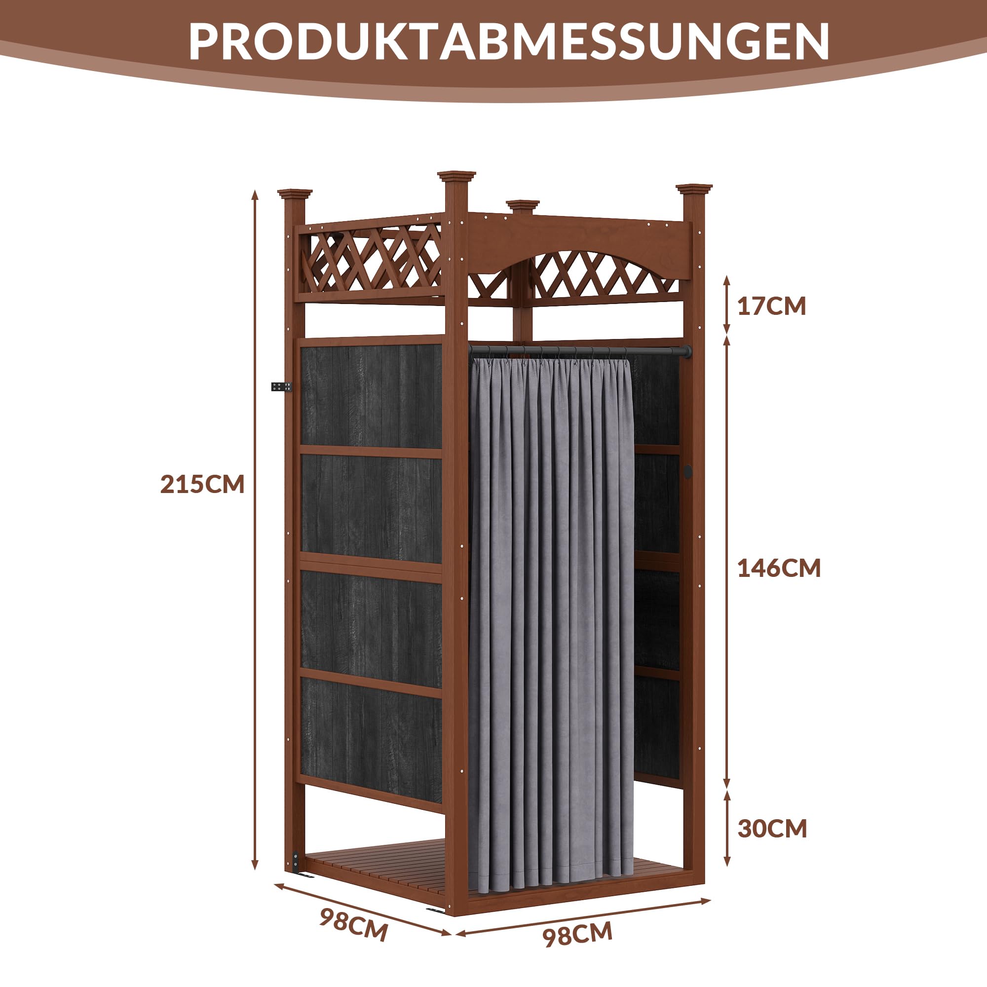 Gartendusche Outdoor Dusche aus Massivholz, Duschkabine & Umkleidekabine mit Duschvorhang & Bodenmatte, Sichtschutz für Pool & Garten, Wetterfeste Außendusche Holz