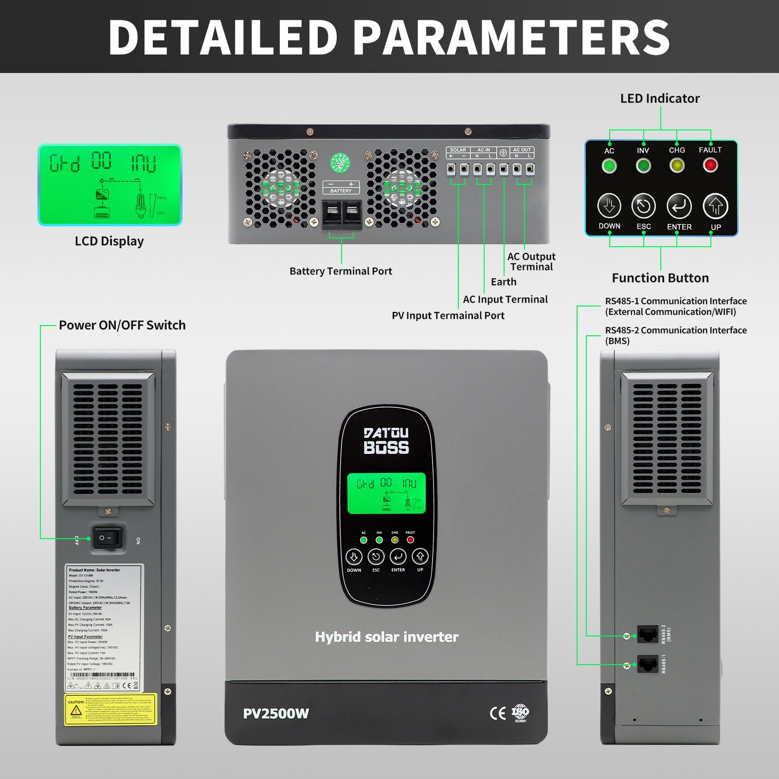 DATOUBOSS 1800W Inverter Ibrido Solare 12V, Onda Pura, potenza di ingresso fotovoltaica da 2500W,Supporta il Funzionamento Senza Batteria,100A MPPT,per Sistemi Off/On-Grid