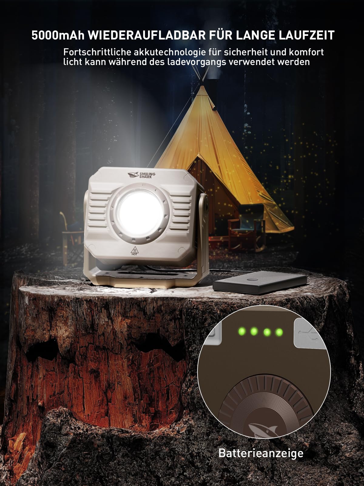 Smiling Shark Werkstatt Licht, 1200lm Tragbar Werkstattlicht 5000mAh Wiederaufladbare Dimmbar 3 Modu Licht 360°Drehbar Haken Kabellos LED Werkstattlampe mit Magnet für Working Reparatur Garage Camping