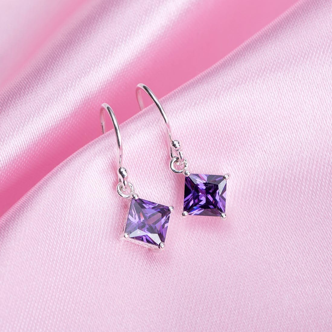925 Silver Purple CZ Rhodium Fish Hook Earrings Hallmark