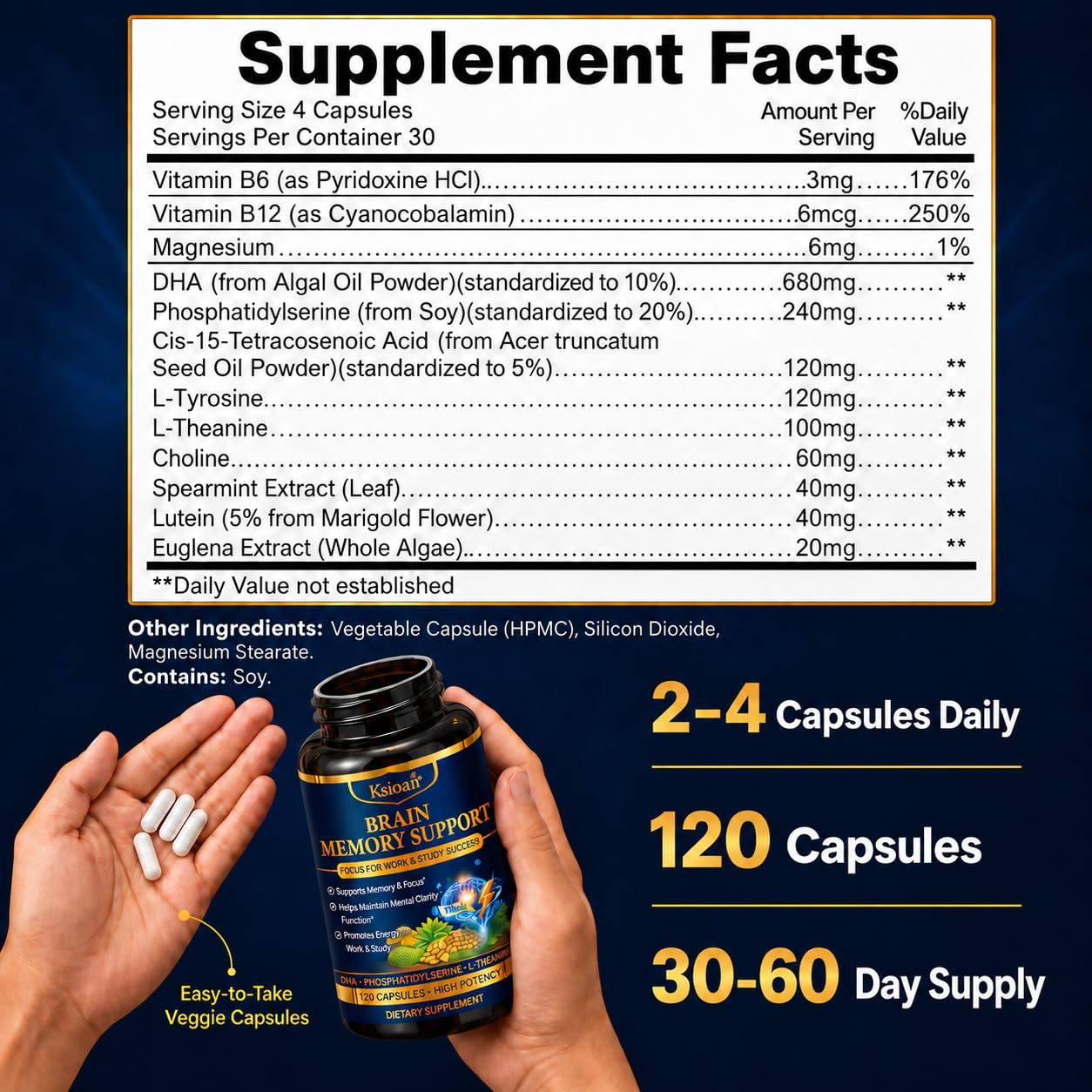 Brain Supplements for Memory and Focus - Advanced 12-in-1 Supplement with DHA, Phosphatidylserine, L-Theanine, Vitamin B12 & B6, Brain Health for Clarity, Energy & Cognitive Support, 120 Capsules — Amazon image 8