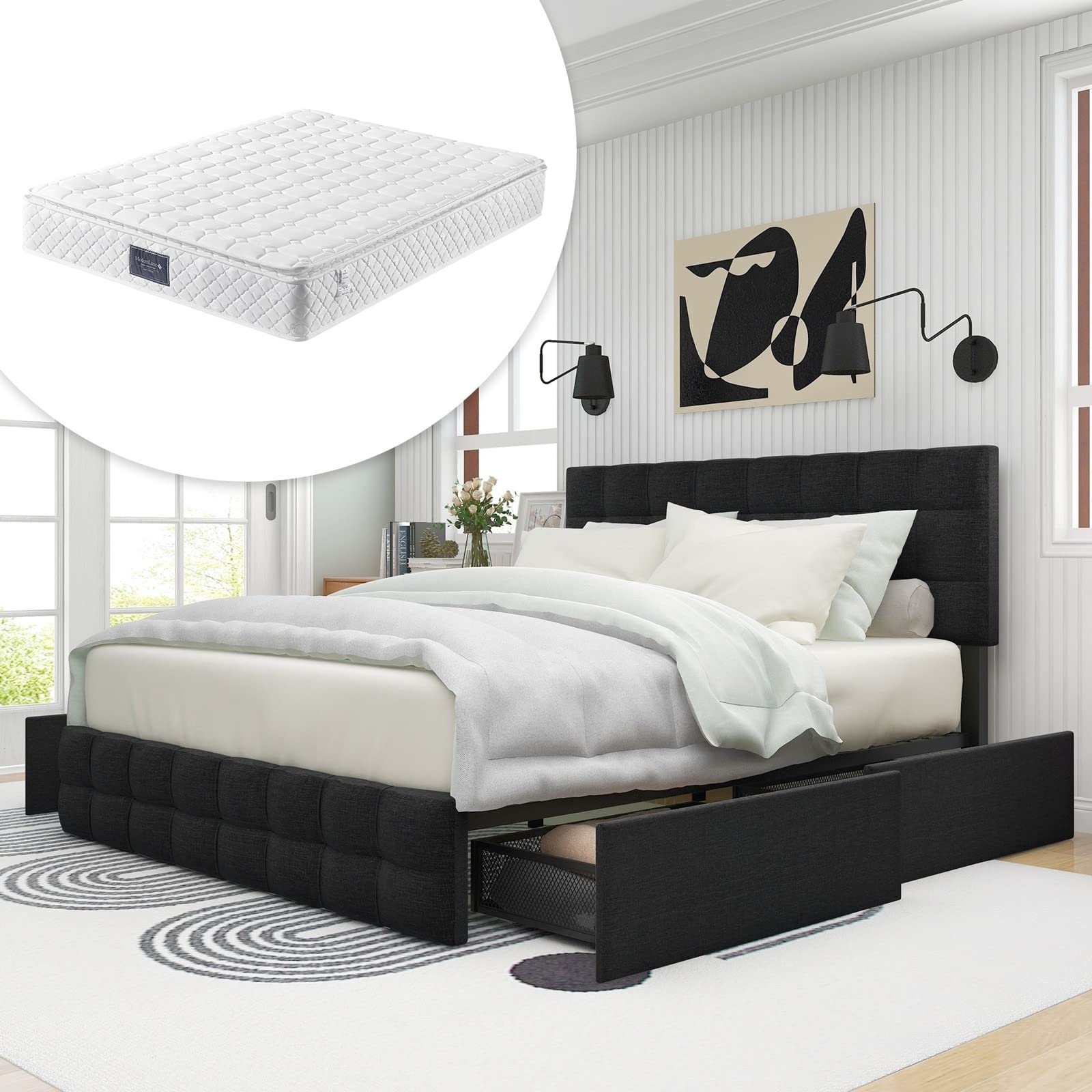 AMDXD Polsterbett mit 4 Schubladen & Federkernmatratze, Doppelbett mit Lattenrost, Stauraum Bett, höhenverstellbares Kopfteil Metalllattenstütze, Leinenmaterial 140 x 200 cm, Schwarz
