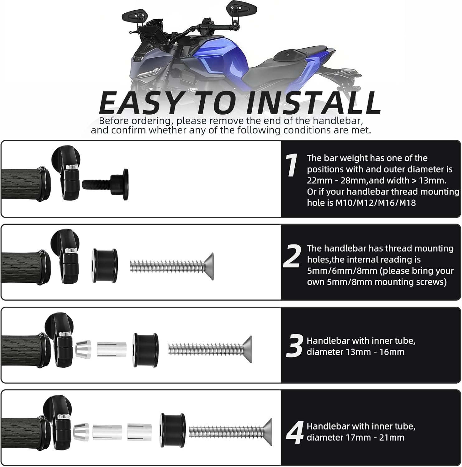 Motorcycle Mirrors for Handlebars, 7/8" Bar End Mirrors Include Mirror Plugs Compatible with Honda Grom MSX125 Z650 Z125 pro Z750 Z800 MT-07 MT-03 MT-09 FZ-07 FZ09 FZ8 FZ6R0 GSX-S125 (Black)