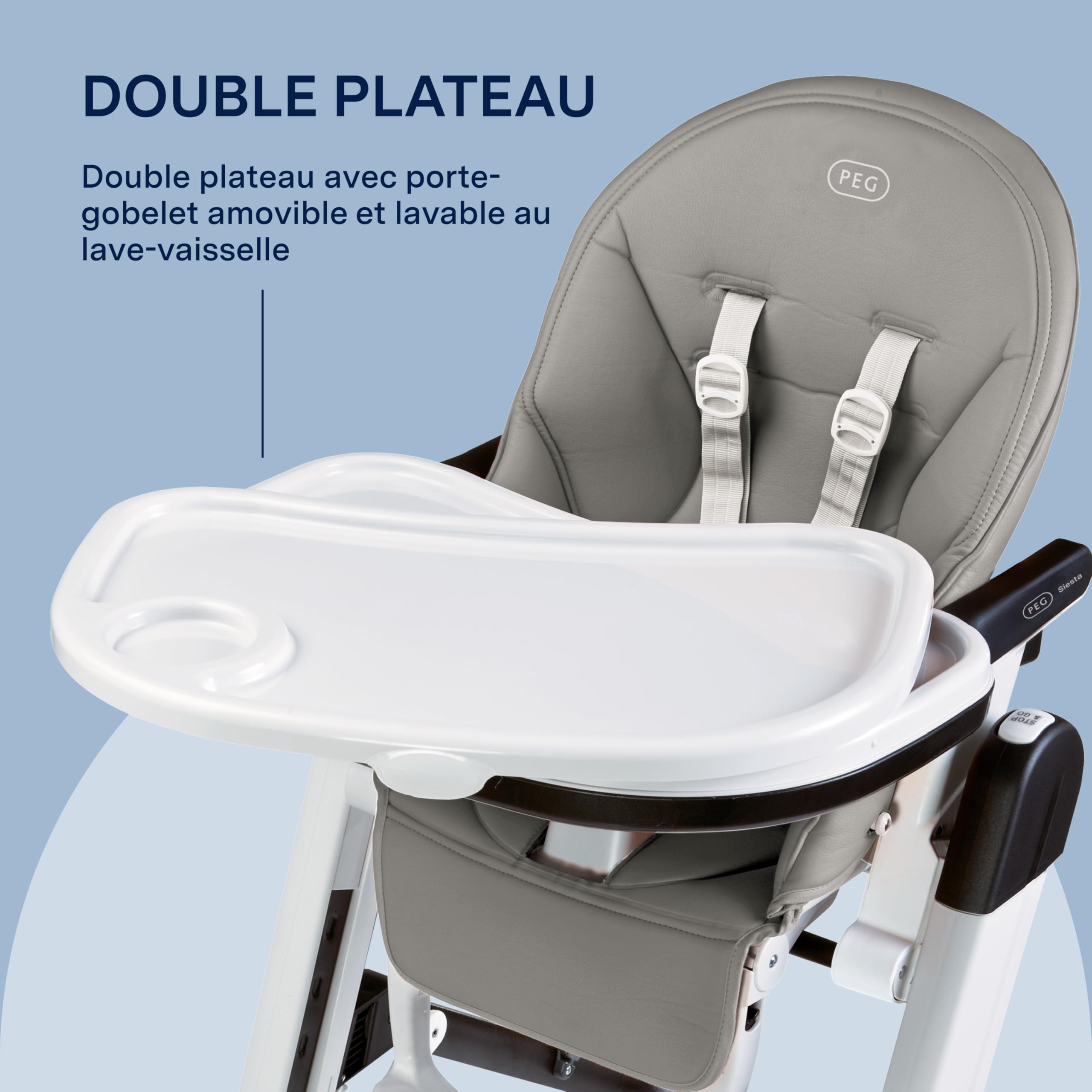 PEG Siesta Follow Me Chaise Haute dès la Naissance, Inclinable avec Fonction Transat, Double Plateau, 9 Hauteurs, 4 Roues, Pliable et Compacte, 0-3 Ans (0-15 kg), Ice