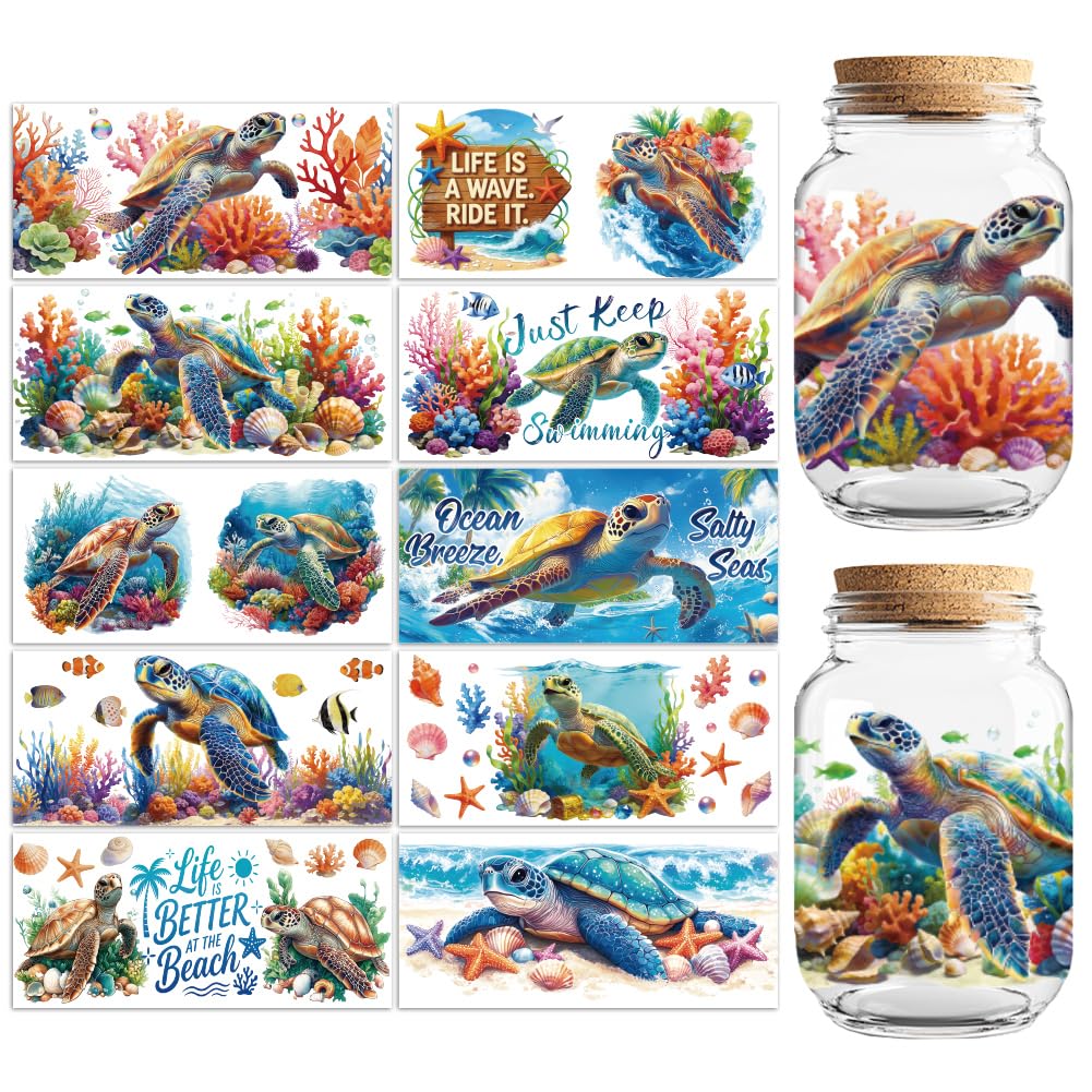 Peacoblue Sea Turtle and Coral UV DTF Cup Wraps, 10 Sheets Transfer Sticker
