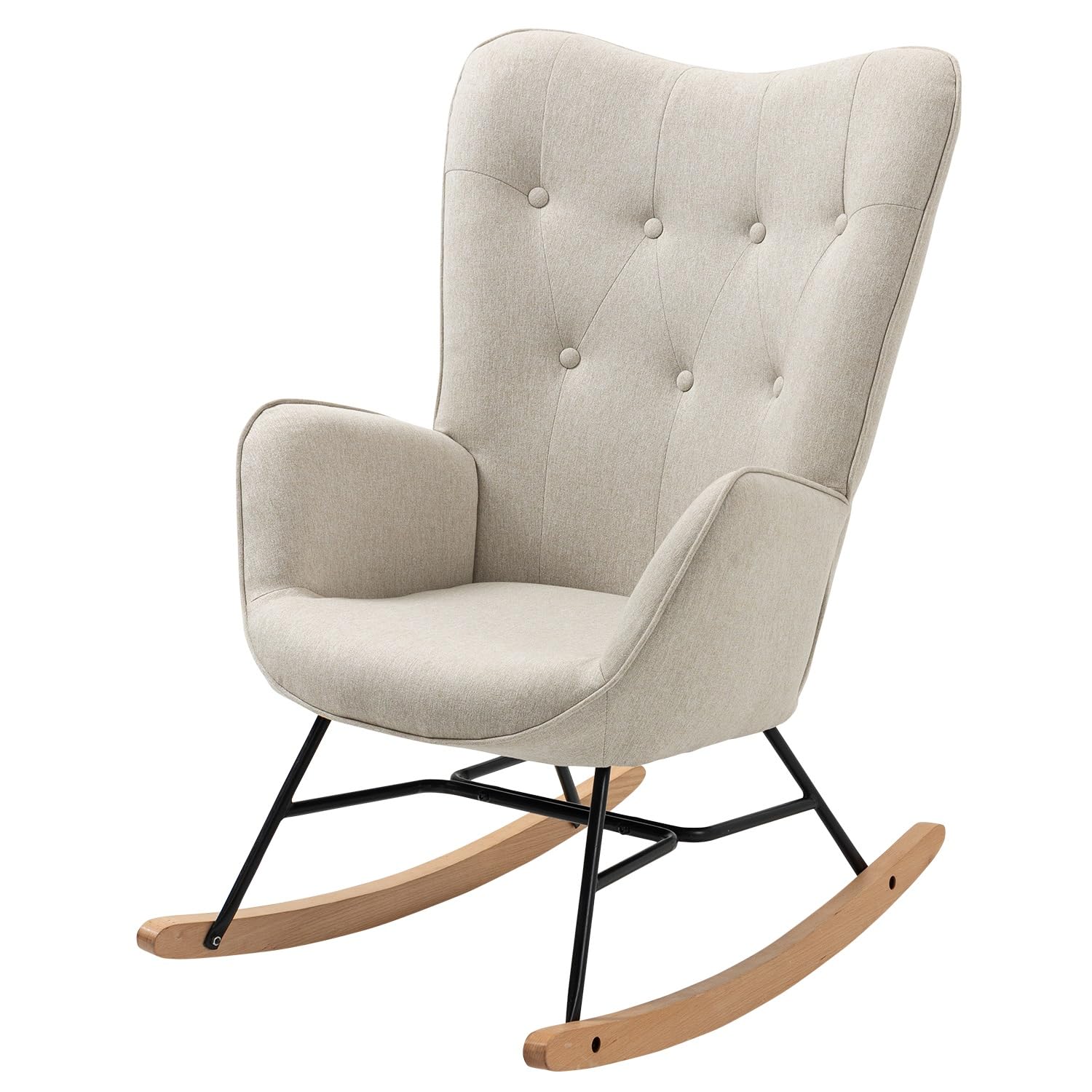 MEUBLE COSY Fauteuil à Bascule de Jardin, Chaise de Détente pour Terrasse et Balcon Couverts, Design Scandinave avec Pieds Bois et Métal, Tissu Non Imperméable