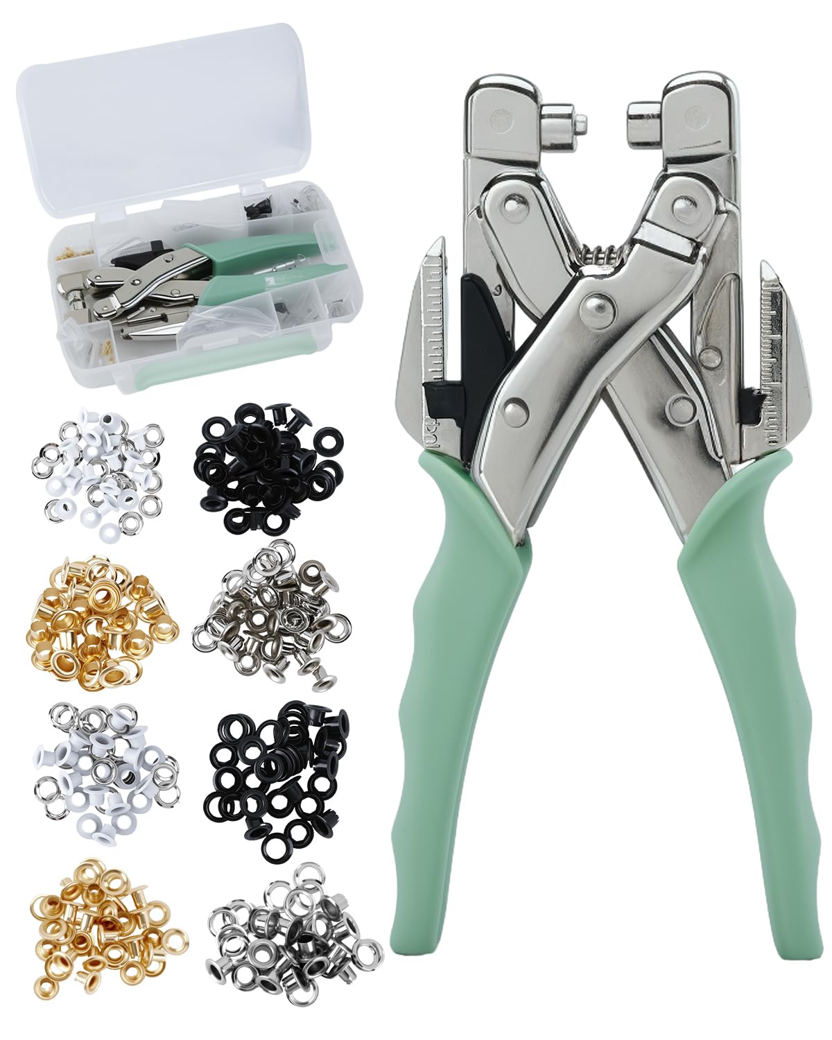 UCEC 3mm & 5mm Eyelet Hole Punch Plier Kit with Interchangeable Green Head, 160 Pcs Color Eyelets (80 × 3mm & 80 × 5mm), Heavy-Duty Grommet Tool Set with Storage Case for Leather, Fabric-image-44