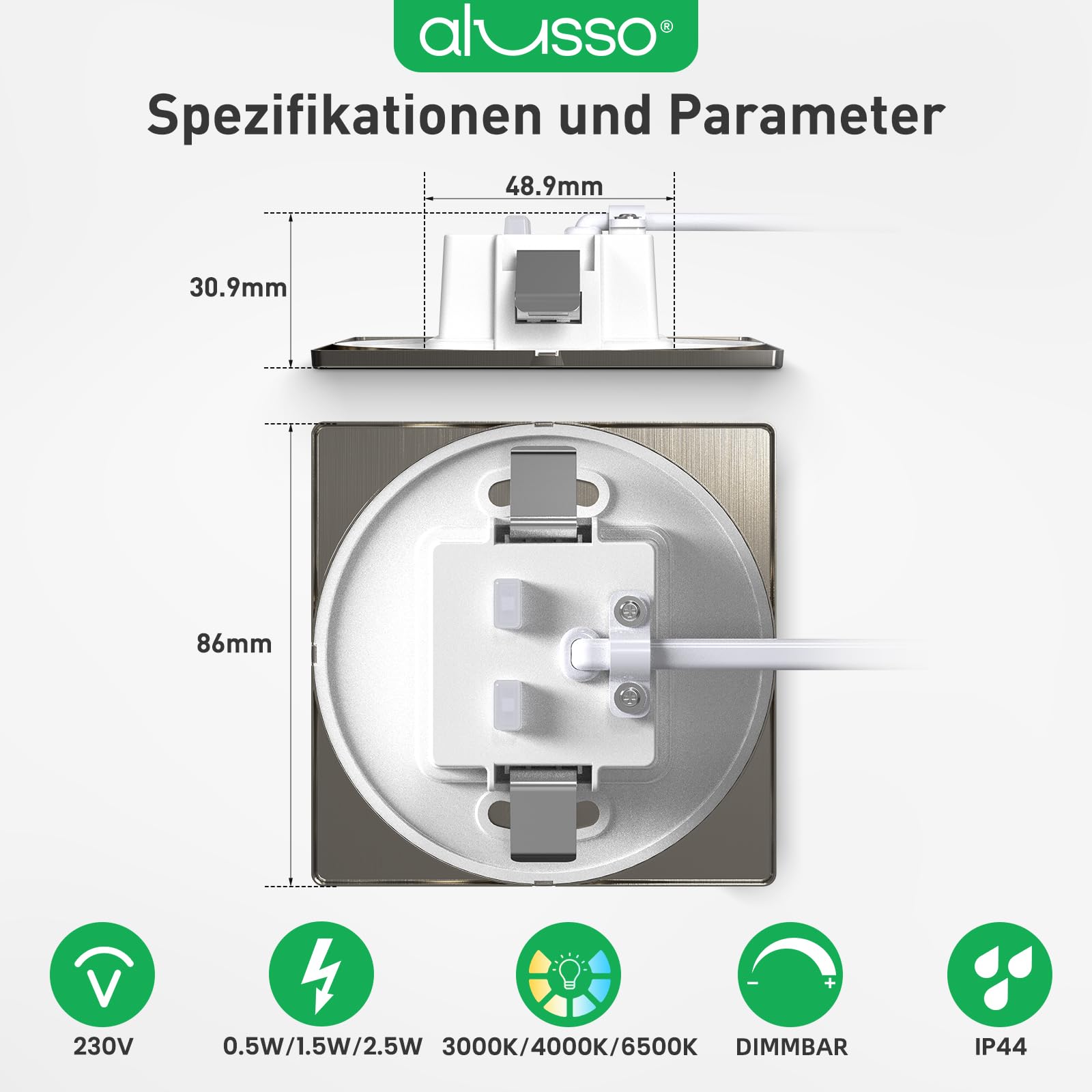 ALUSSO LED Treppenbeleuchtung 230V, 3WT 0.5W 1.5W 2.5W, 3CCT Warmweiß Neutralweiß Kaltweiß Treppenlicht, IP44 Treppenleuchte Wandeinbauleuchte, Eckig Nickel, 6er Set