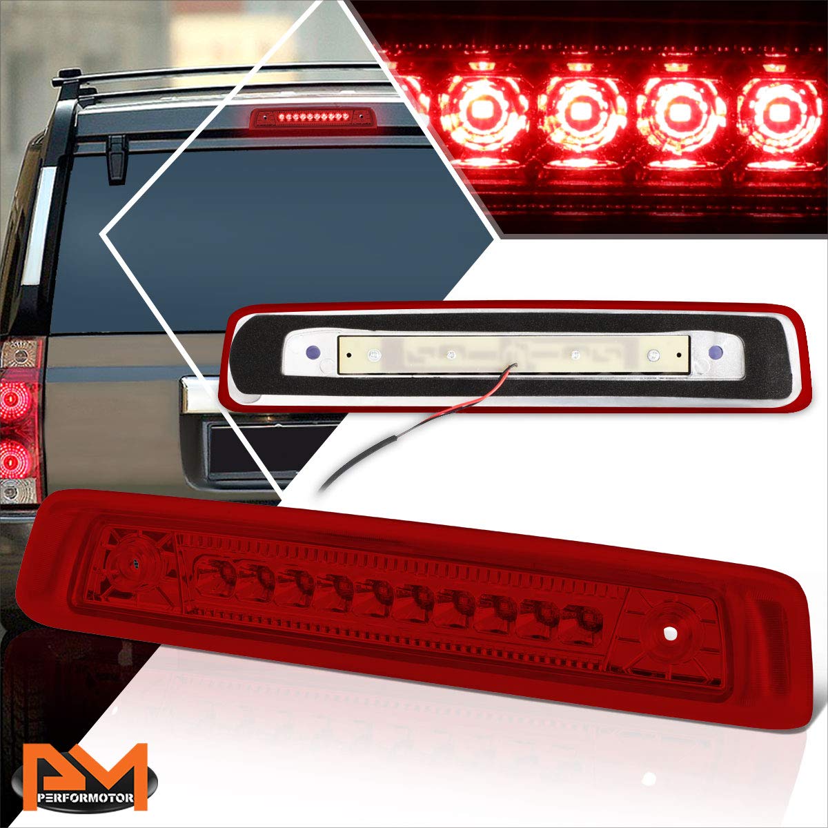 PM PERFORMOTOR Full LED 3rd Third Brake Light High Mount Stop Light Compatible with Jeep Commander 06-10,Chrome Housing/Red Lens