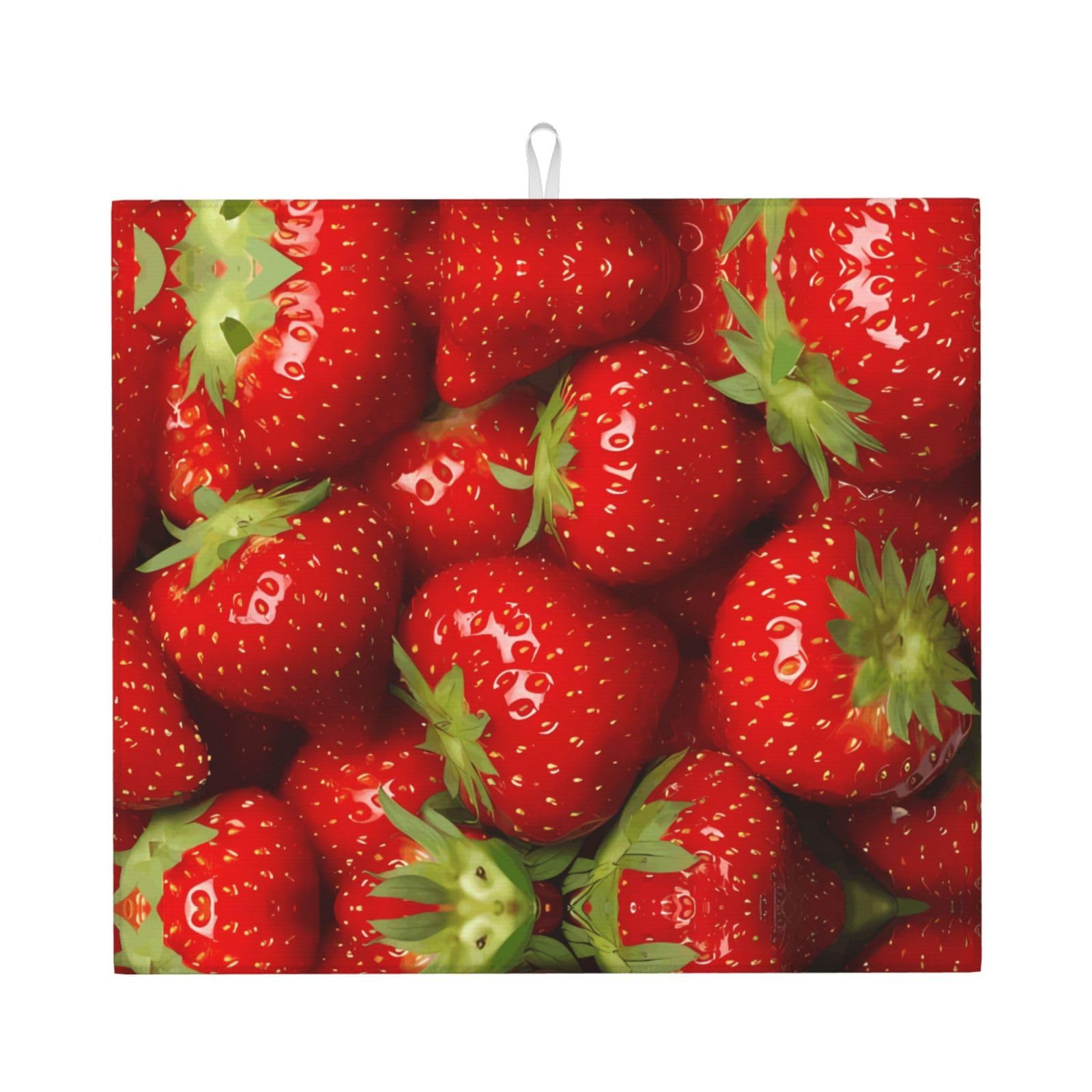 HJFCZH Red Strawberry Fruit Prints Kitchen Drying Mat – Absorbent Microfiber Throw for Dishes, Non-Slip Counter Cover, Quick-Drying Layer with Fade-Resistant Print
