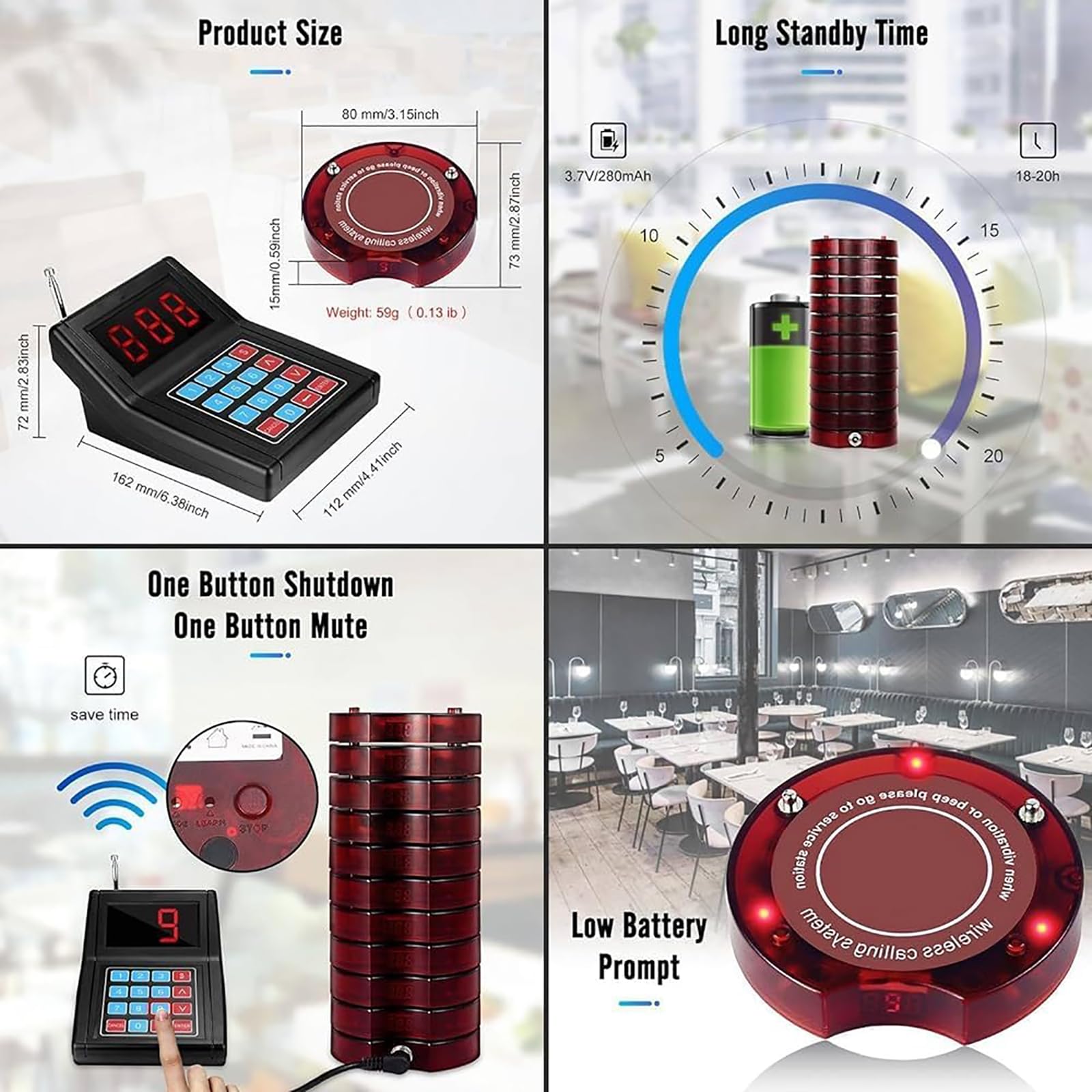 Segnalazione Acustica Per Ristoranti, Segnalazione Acustica Wireless, 3 Modalità Di Indicazione, Raggio Di Ricezione Di 500 Metri, Per La Coda Di Ritiro Del Cibo Al Ristorante,20 pagers