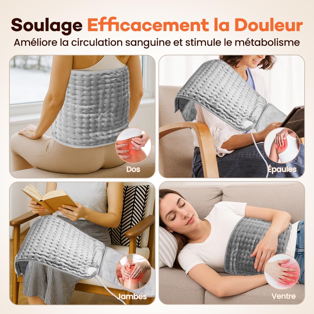 Ceinture Chauffante Lombaire avec Velcro Étendu et Élargi, 140x30cm Coussin Chauffante Électrique, 6 Températures & Minuterie 4H, Chauffage Rapide 15s, pour Dos, Ventre, Épaules - Lavable