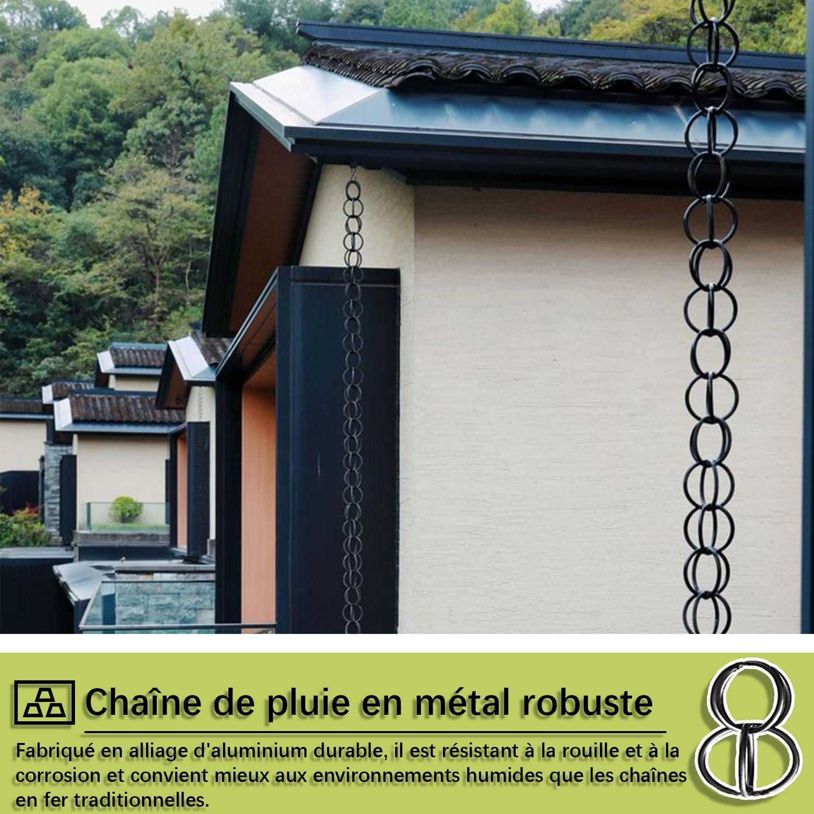 Chaine Gouttiere en Alliage D'aluminium,Chaînes de Pluie Décoratives,Gouttières à Chaîne,Meilleures Chaînes de Guidage de Pluie pour Les Fortes Pluies,pour Toit,Jardin,Abri,Terrasse 1.2m(4ft) Noir
