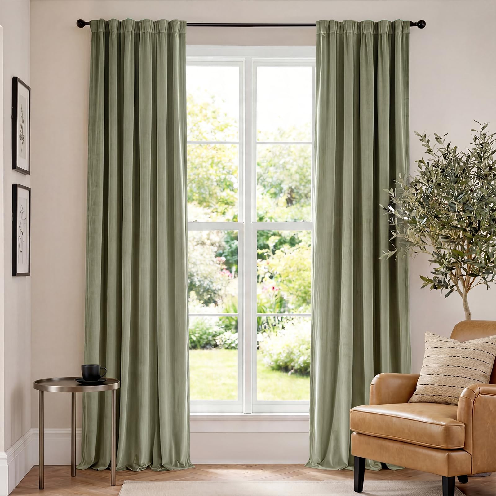 Lazzzy Velvet Blackout Curtains Green 90 Inch Long Thermal Insulated Curtain Heavy Duty Drapes Room Darkening Blackout Curtains Bedroom Window Treatment Set of 2 Panels Rod Pocket Sage — image 1