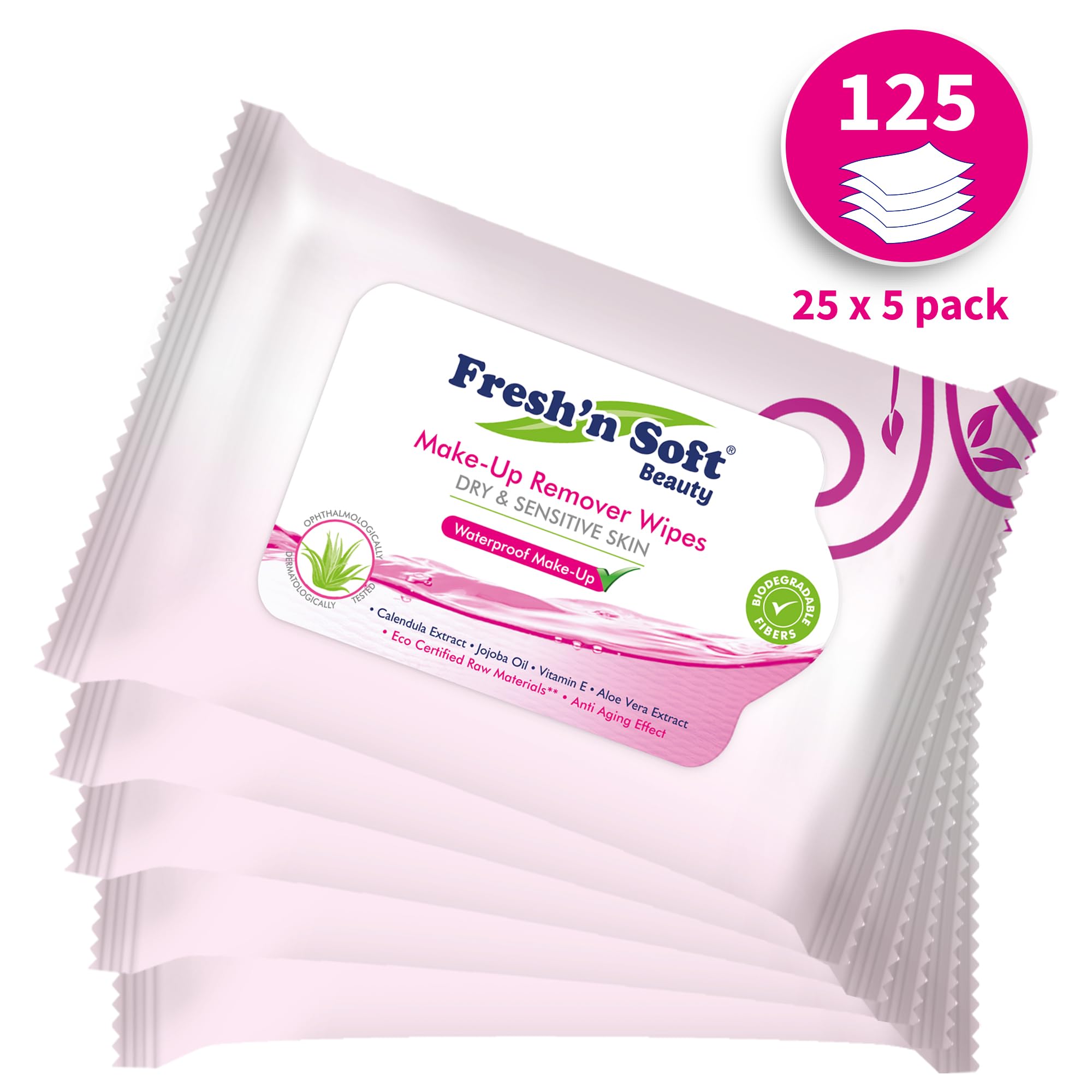 Fresh'n Soft Lingettes Démaquillantes Waterproof Peaux Sèches&Sensibles Anti-Âge Huile d'Olive Noix de Macadamia Camomille Vitamine E 125 Unité