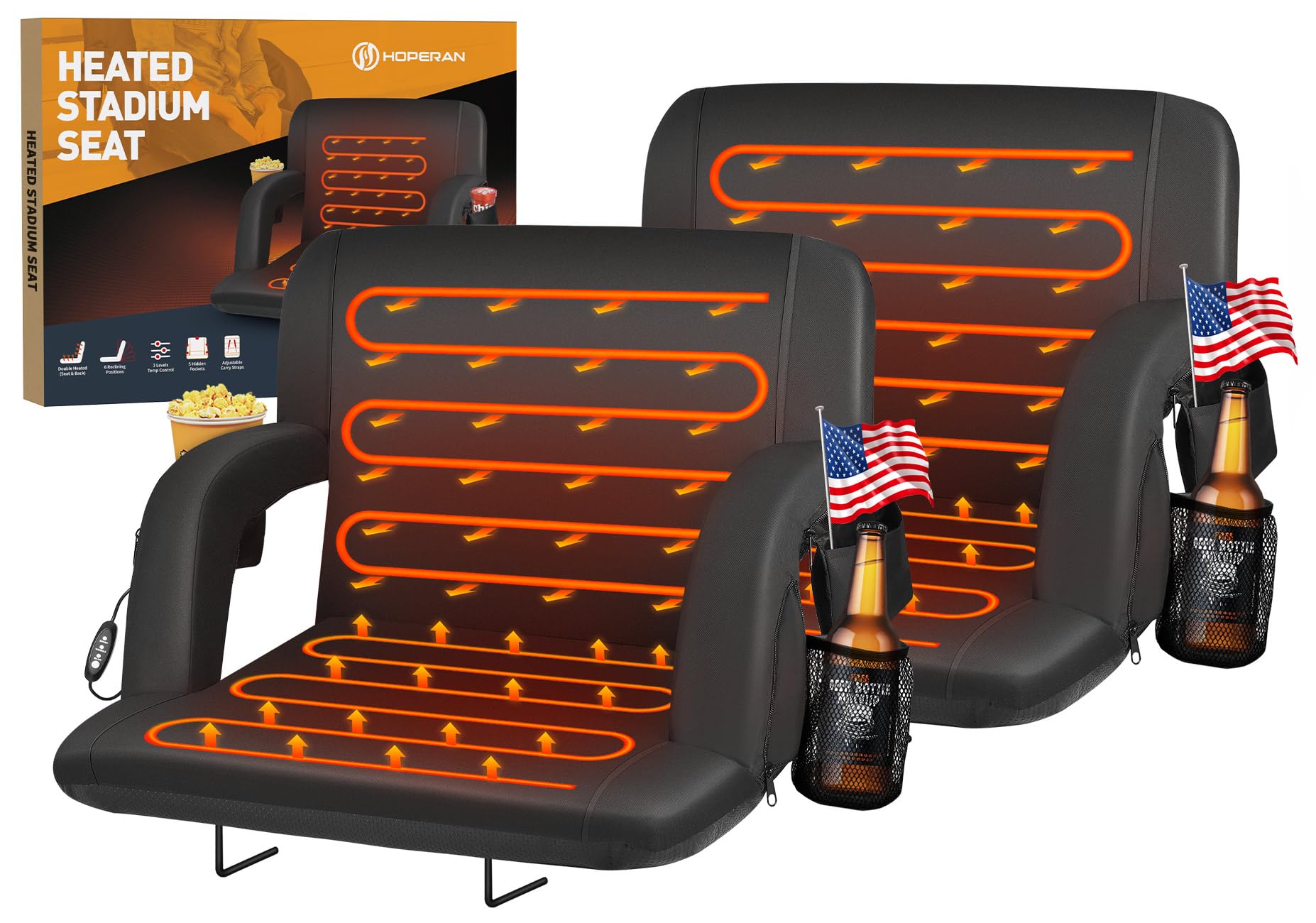 HOPERAN Heated Stadium Seats for Bleachers with Back Support and Wide Cushion, Extra Portable Bleacher Seat Foldable Stadium Chair, USB 3 Levels of Heat, 5 Pockets for Outdoor Camping Games Sports