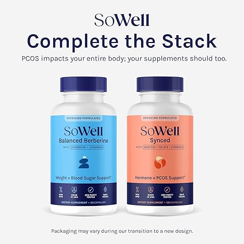 Miniatura 9 de SoWell Synced Suplemento de equilibrio hormonal para mujer con inositol, vitamina D y folato para SOP y apoyo al ciclo menstrual, 120 cápsulas