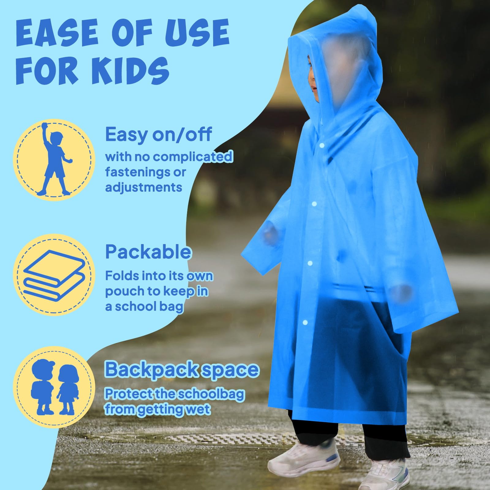 ANYOO Poncho de lluvia para niños con capucha, impermeable, ligero, reutilizable, para niños y niñas, para viajes de al aire libre, 110-150