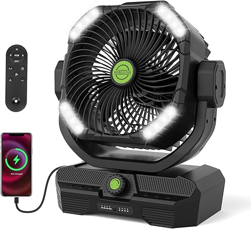 RUNTOP Ventilador grande de 45000 mAh con pilas, ventilador oscilante de alta velocidad con control remoto, ventiladores recargables de inclinación