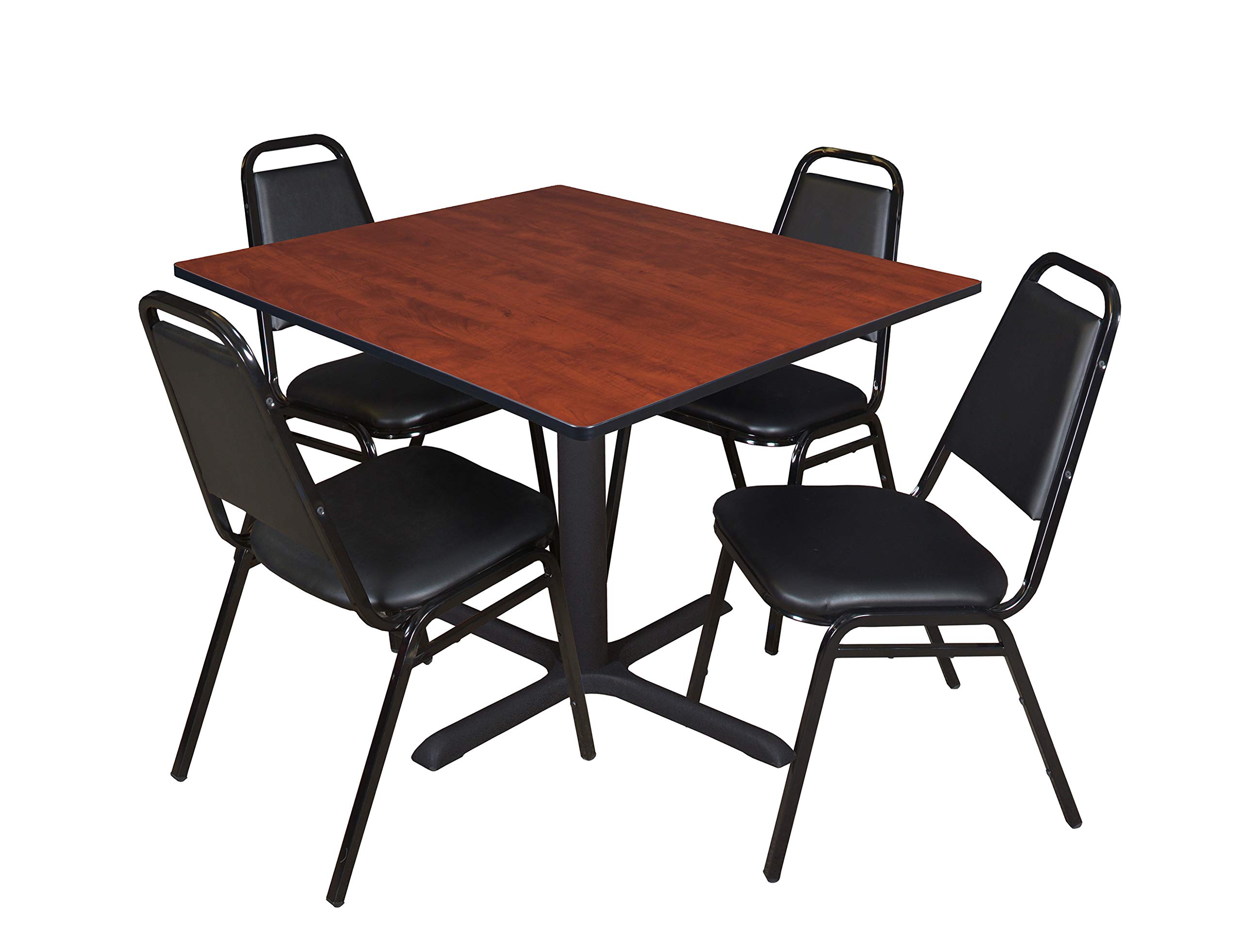 Romig Pillar 48 in. Square X-Base Breakroom Table- Cherry &amp; 4 Restaurant Stack Chairs- Black